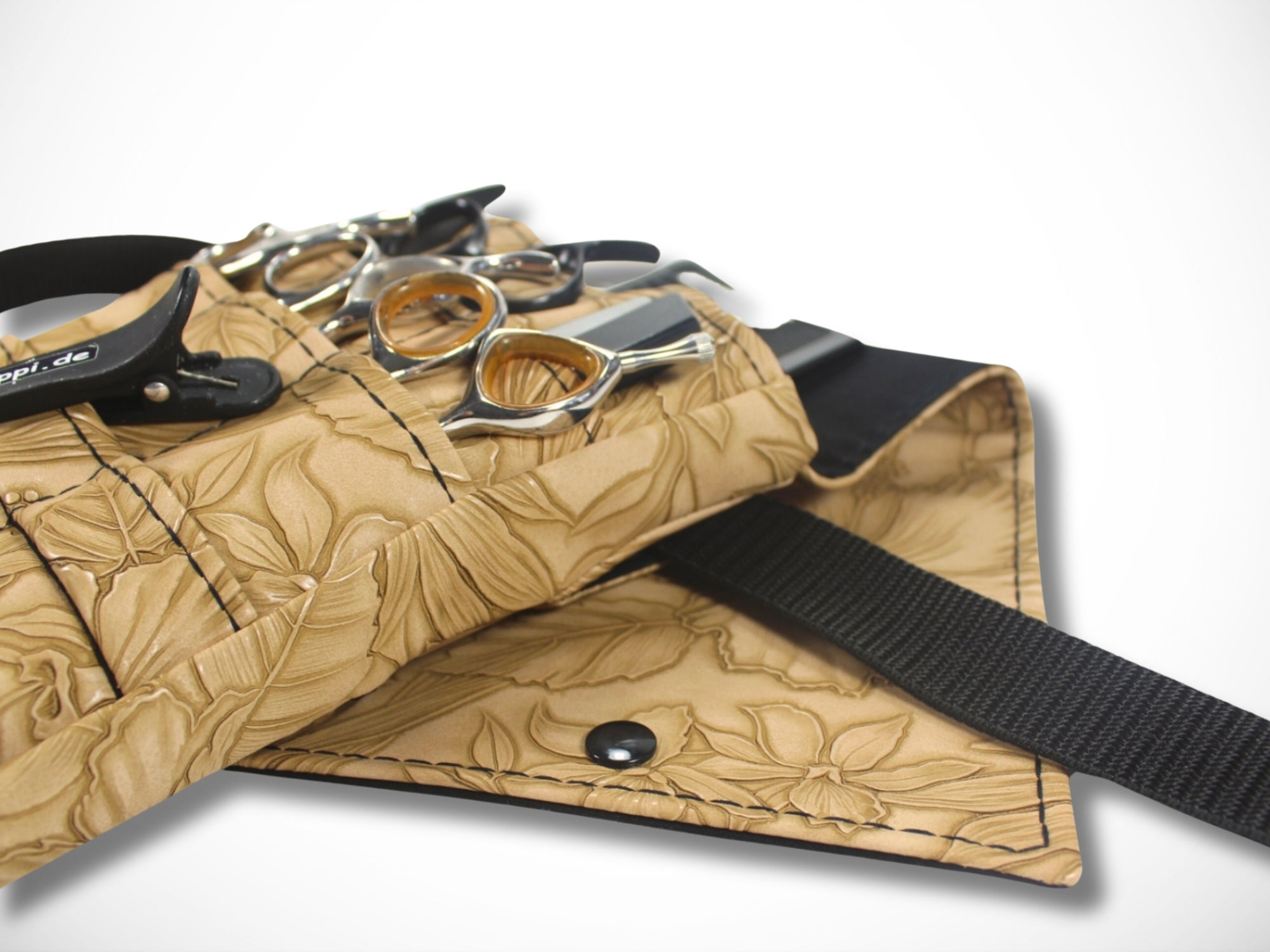 Friseur Scherentasche Blumen Kunstleder hellbraun Gürteltasche für Friseurin und Friseurwerkzeug im Friseursalon