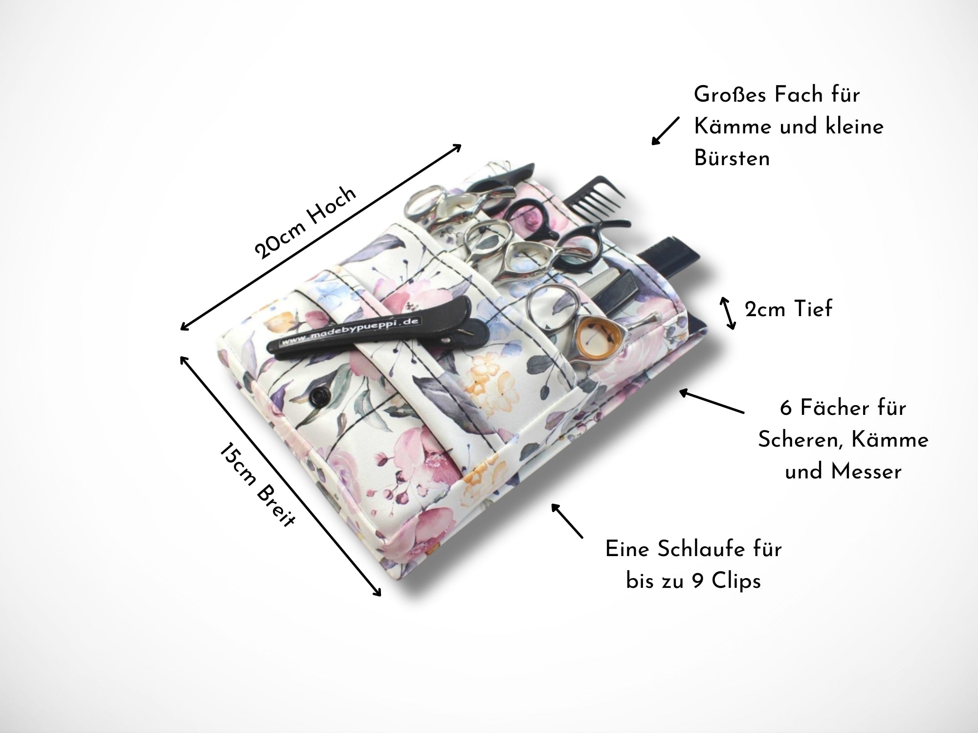 Friseur Scherentasche aus Kunstleder mit Blumen für Friseurwerkzeug und Friseurscheren für Friseurin Gürteltasche