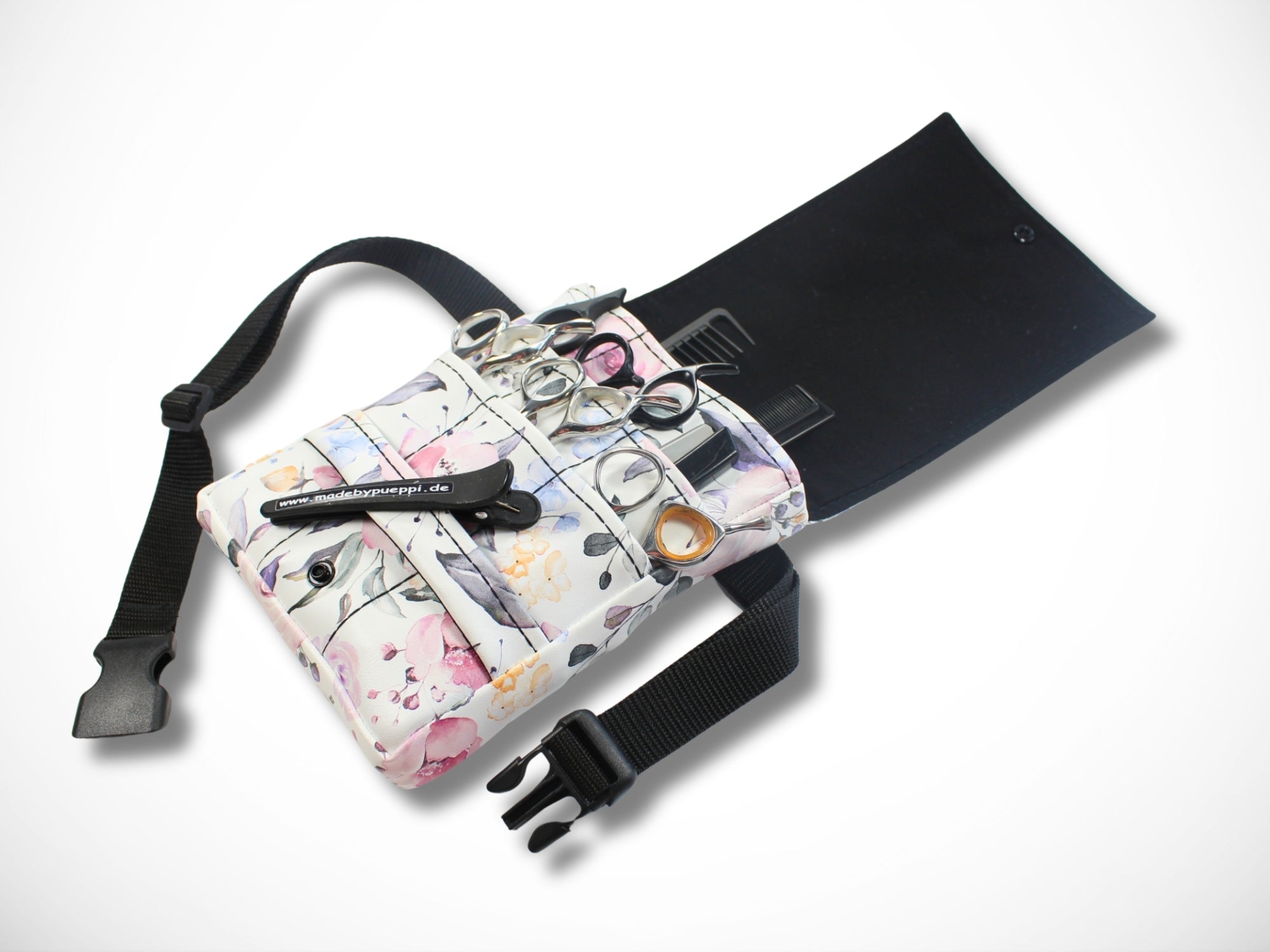 Friseur Scherentasche aus Kunstleder mit Blumen für Friseurwerkzeug und Friseurscheren für Friseurin Gürteltasche