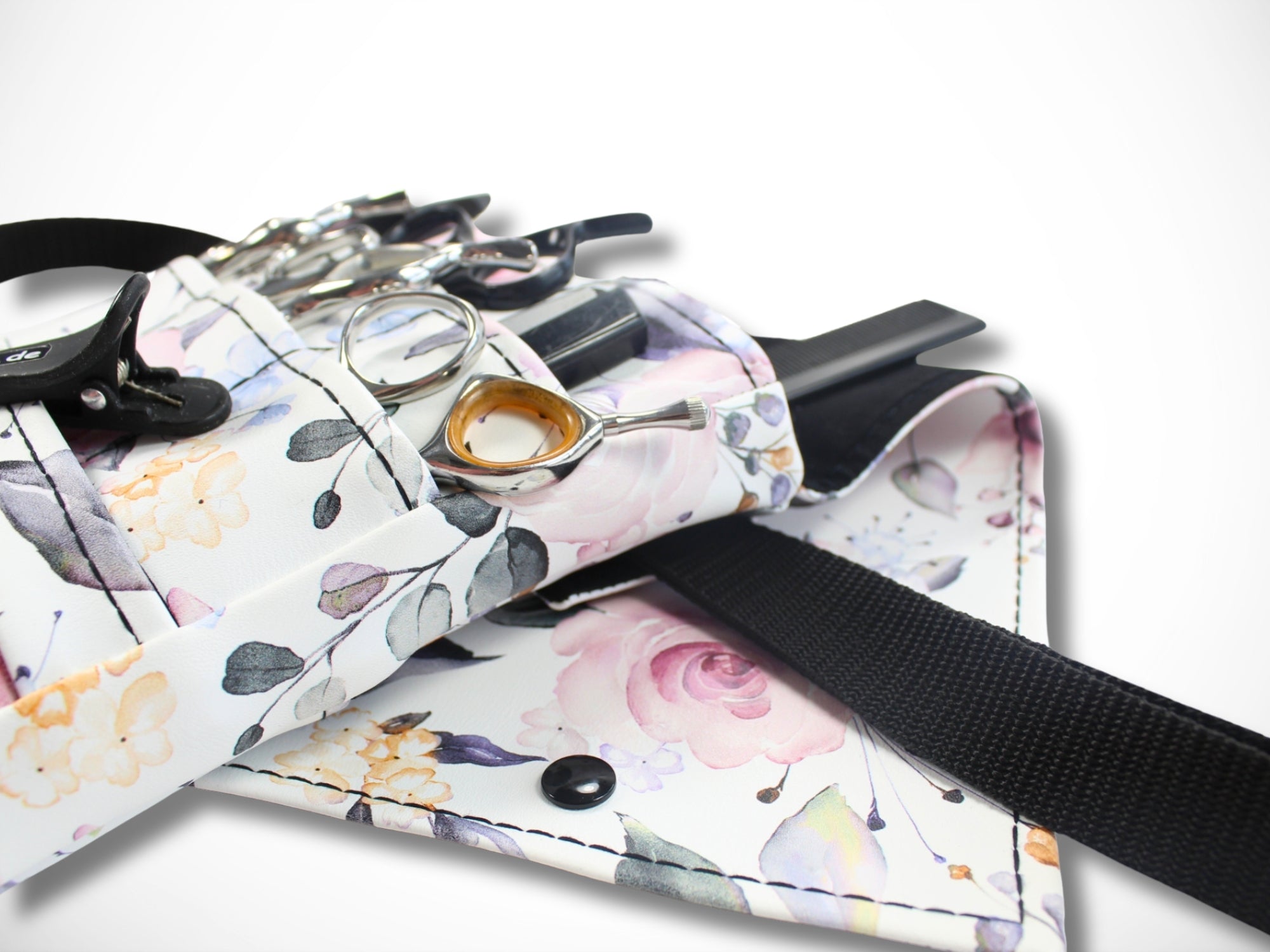Friseur Scherentasche aus Kunstleder mit Blumen für Friseurwerkzeug und Friseurscheren für Friseurin Gürteltasche