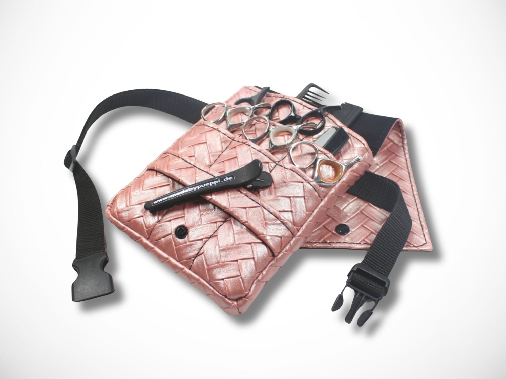 Friseurtasche rosa aus Kunstleder geflochten für Friseure im Friseursalon als Gürteltasche für Friseurscheren handgefertigt handgemacht