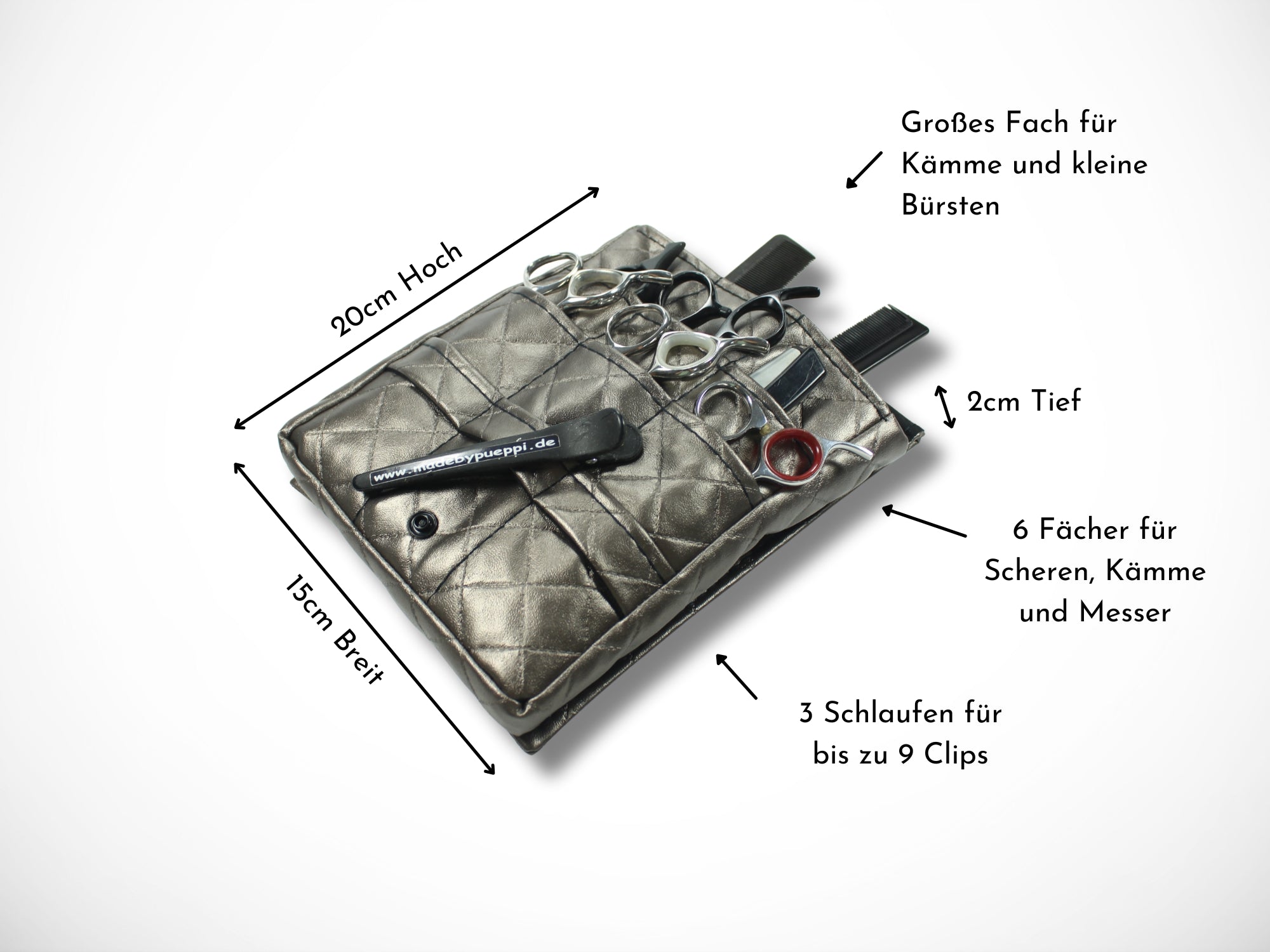 Friseur Werkzeugtasche für Friseurin im Friseursalon aus gestepptem Kunstleder in Platin