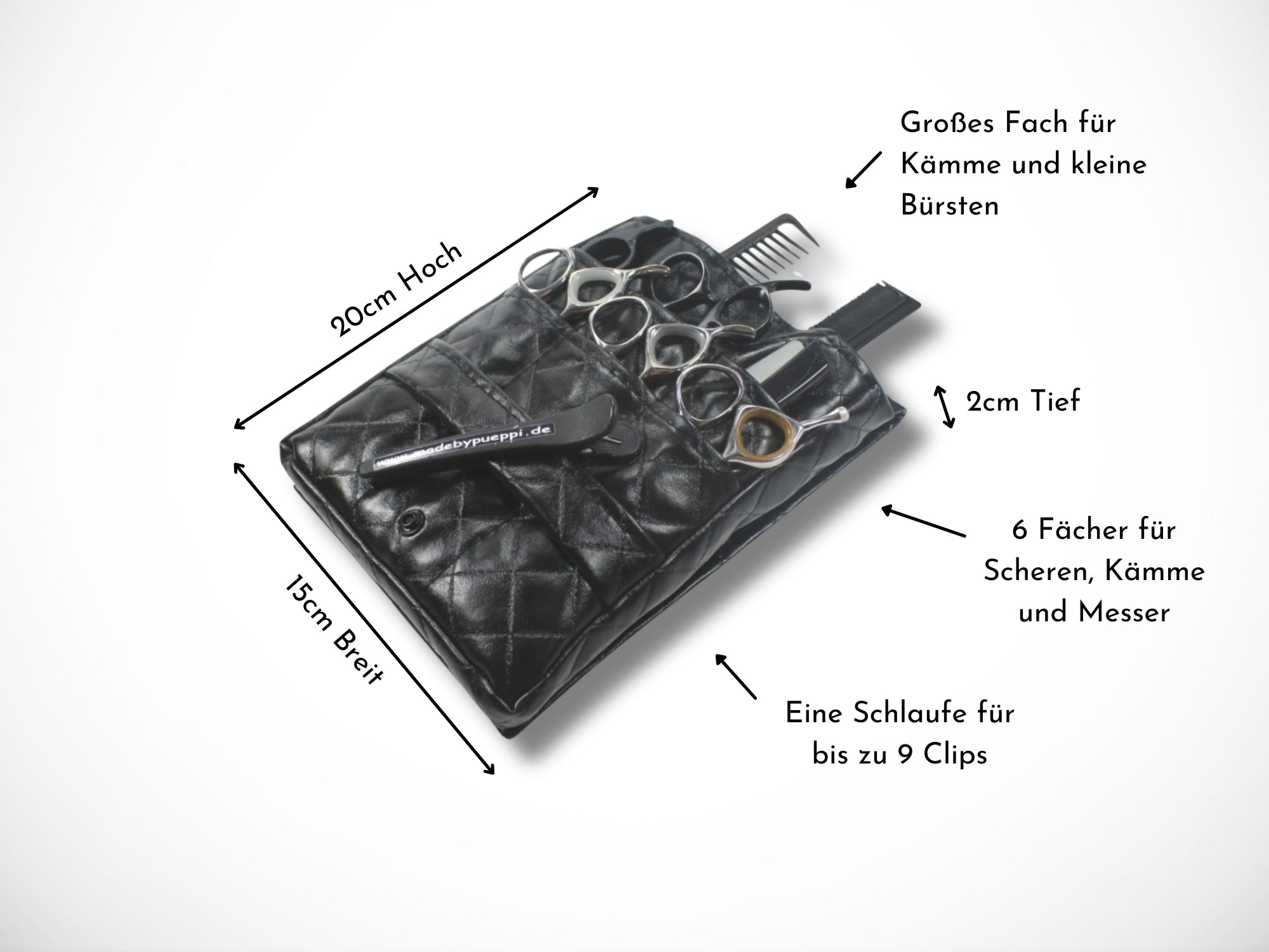 Schwarze Friseur Scherenasche aus gestepptem Kunstleder für Friseurin im Friseursalon Friseurwerkzeug