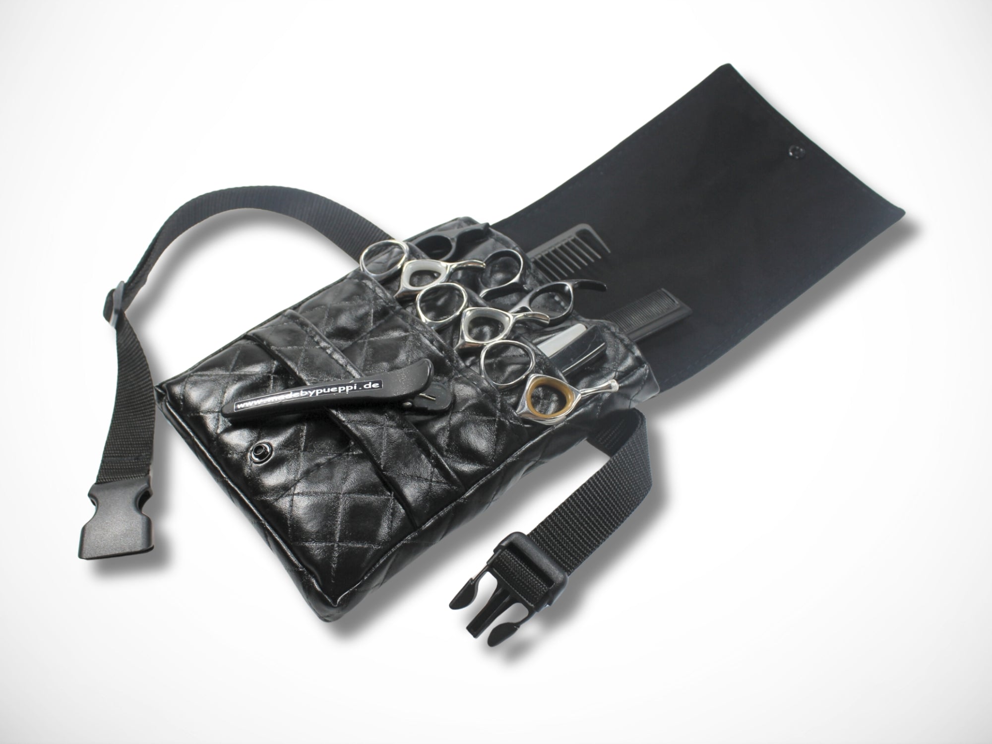 Schwarze Friseur Scherenasche aus gestepptem Kunstleder für Friseurin im Friseursalon Friseurwerkzeug