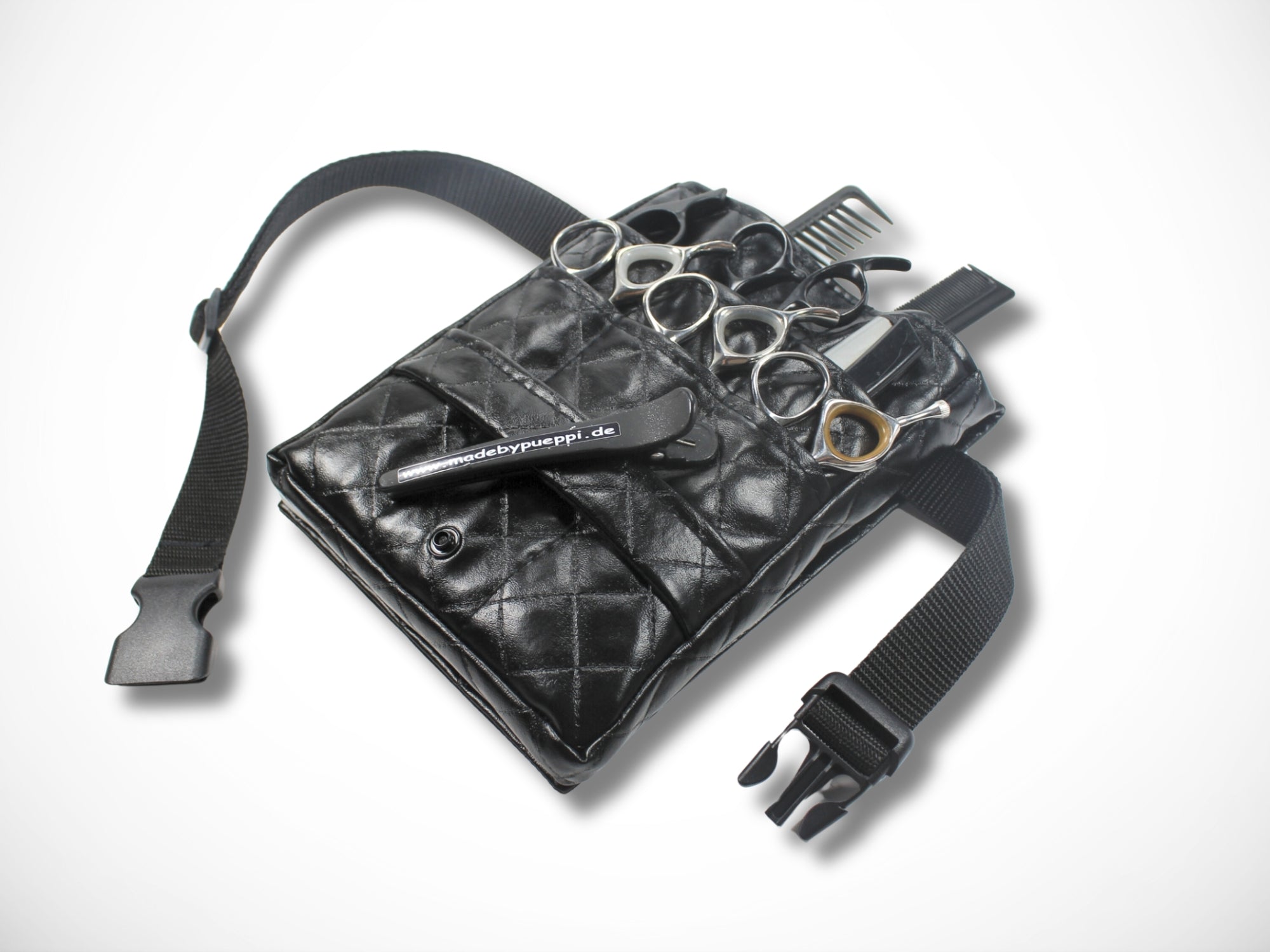 Schwarze Friseur Scherenasche aus gestepptem Kunstleder für Friseurin im Friseursalon Friseurwerkzeug