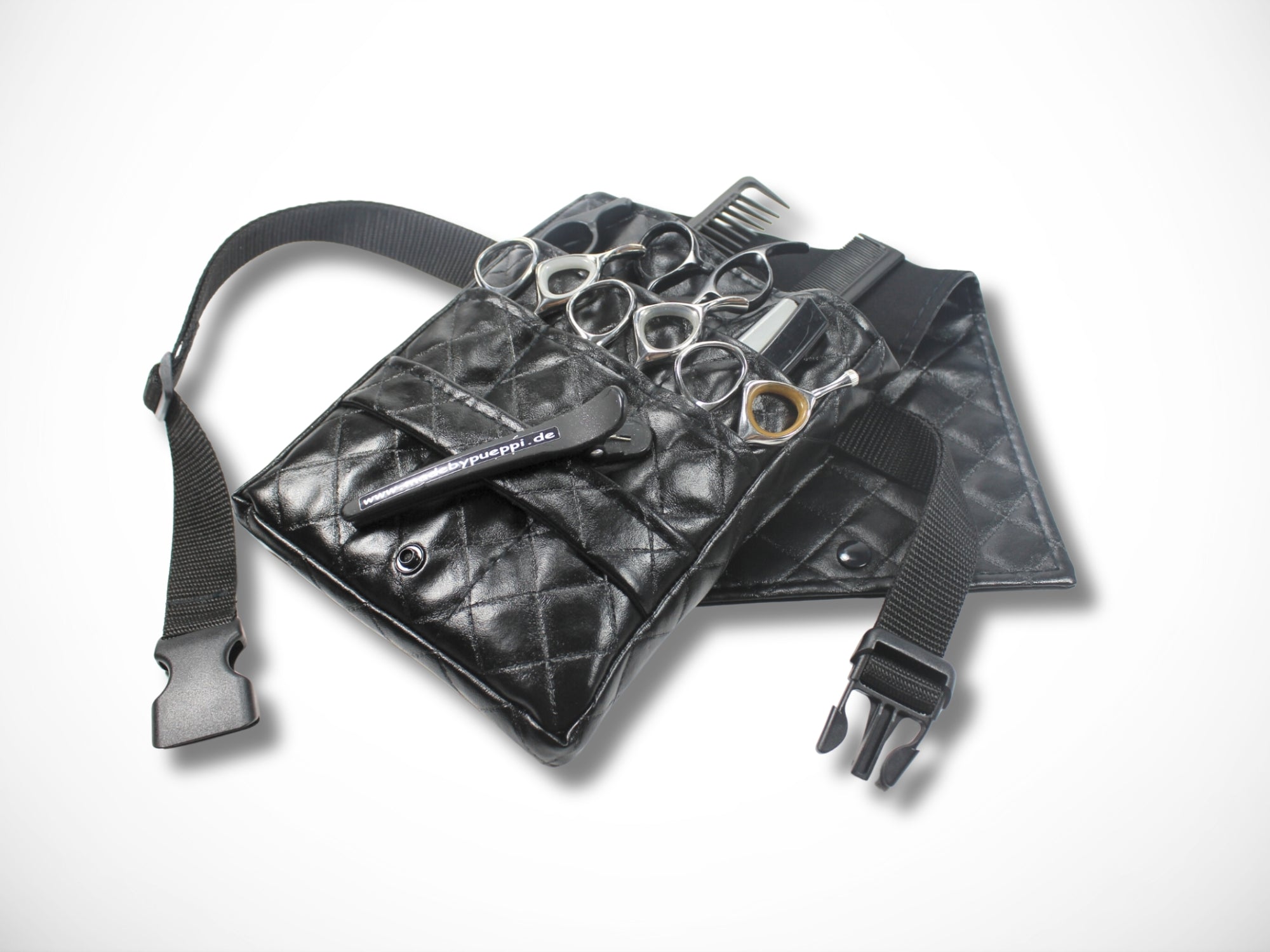 Schwarze Friseur Scherenasche aus gestepptem Kunstleder für Friseurin im Friseursalon Friseurwerkzeug