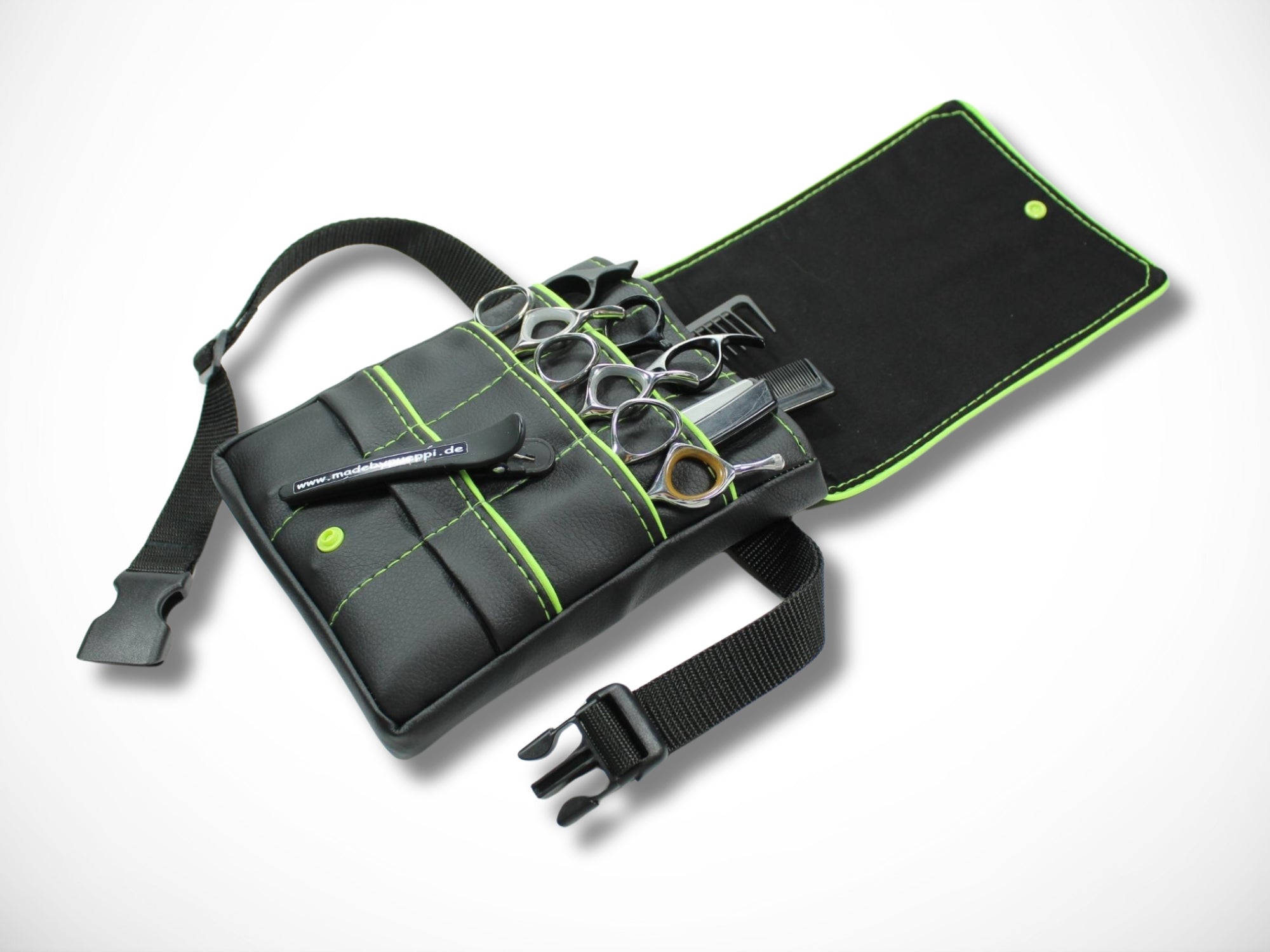 Friseur Scherentasche aus Kunstleder in schwarz mit grünem Highlight Gürteltasche für Friseurin für Friseurwerkzeug