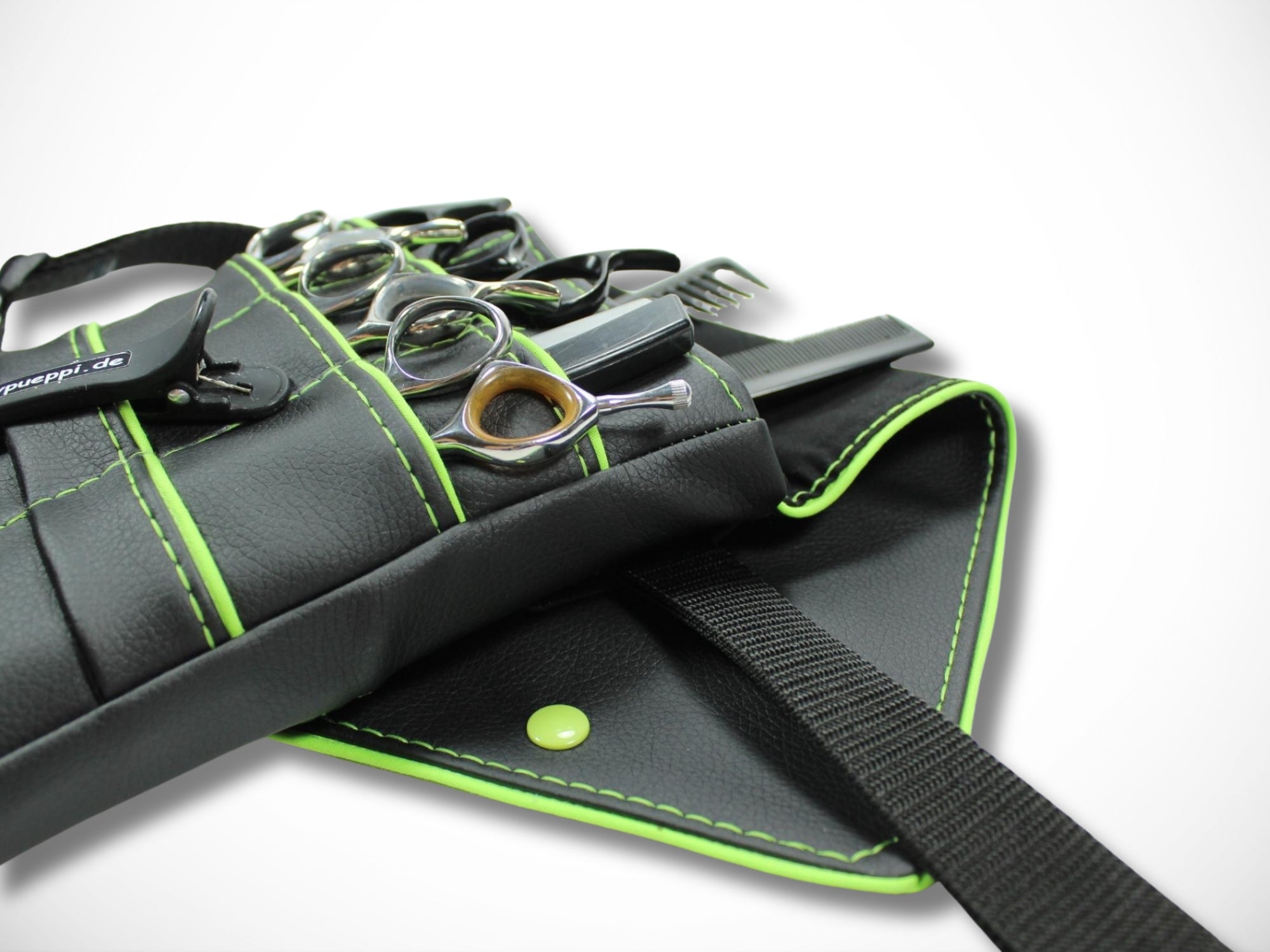 Friseur Scherentasche aus Kunstleder in schwarz mit grünem Highlight Gürteltasche für Friseurin für Friseurwerkzeug