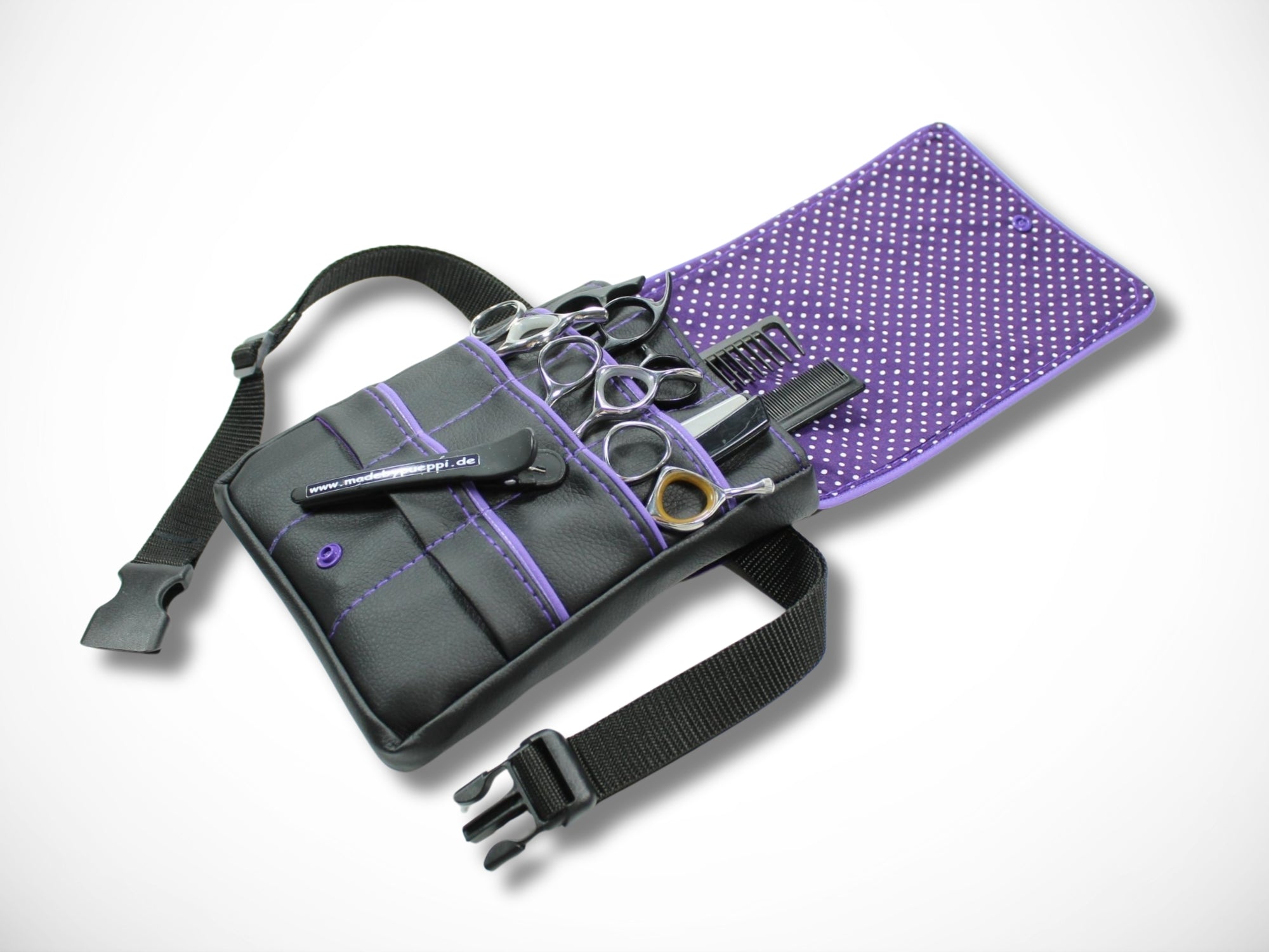 Friseur Scherentasche aus Kunstleder mit lila Highlight Punkte Werkzeugtasche für Friseurin Gürteltasche im Friseursalon