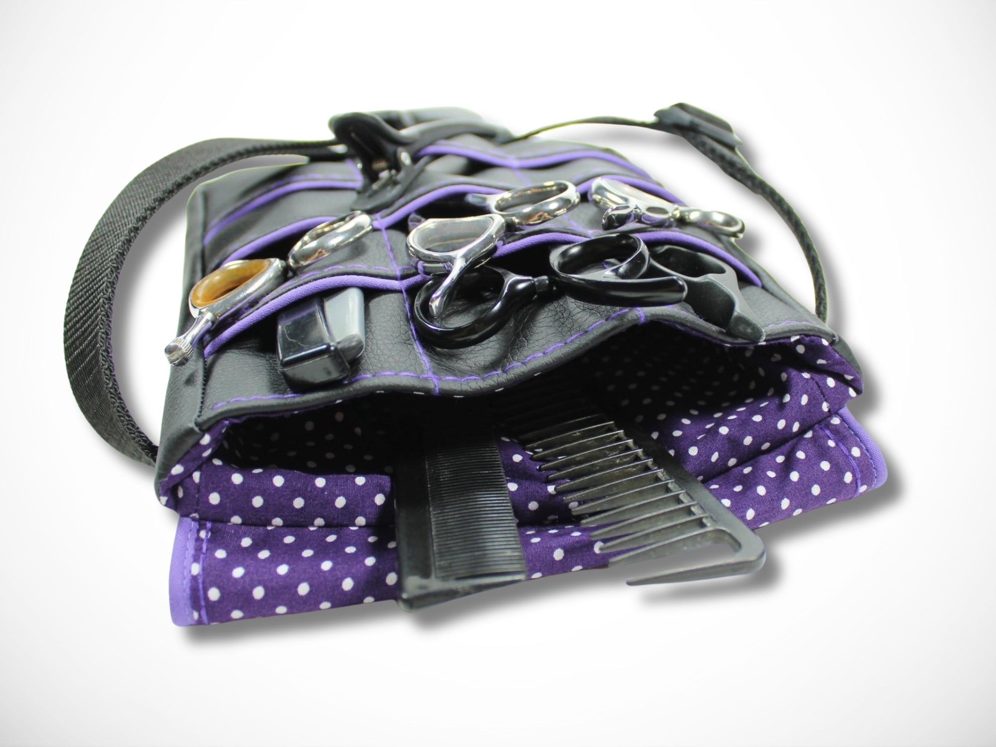 Friseur Scherentasche aus Kunstleder mit lila Highlight Punkte Werkzeugtasche für Friseurin Gürteltasche im Friseursalon