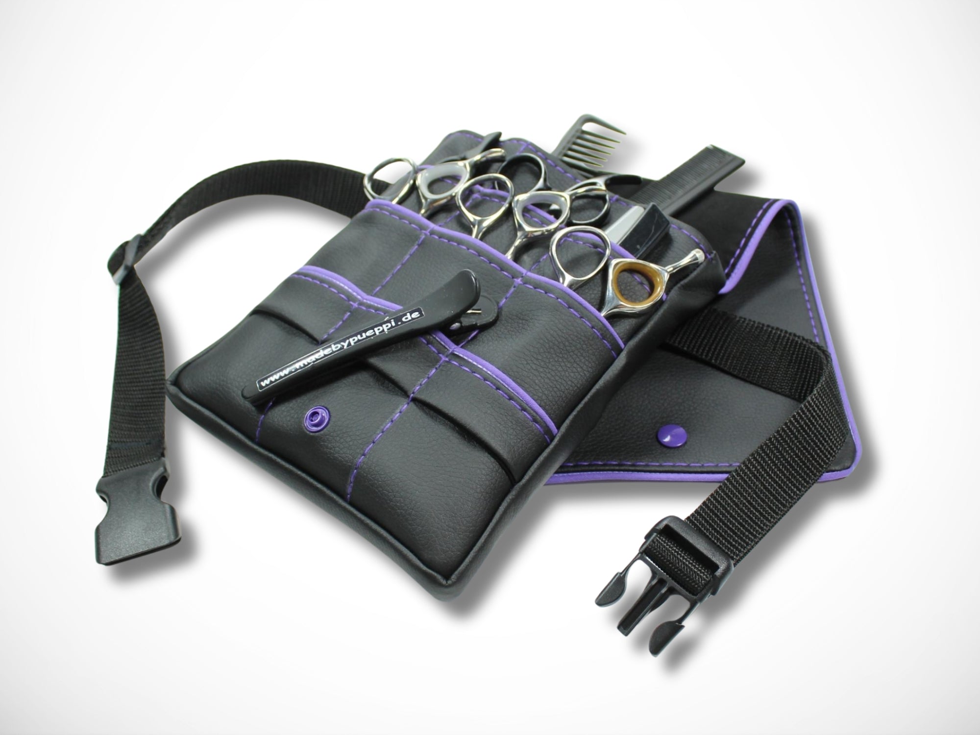 Friseur Scherentasche aus Kunstleder mit lila Highlight Werkzeugtasche für Friseurin Gürteltasche im Friseursalon
