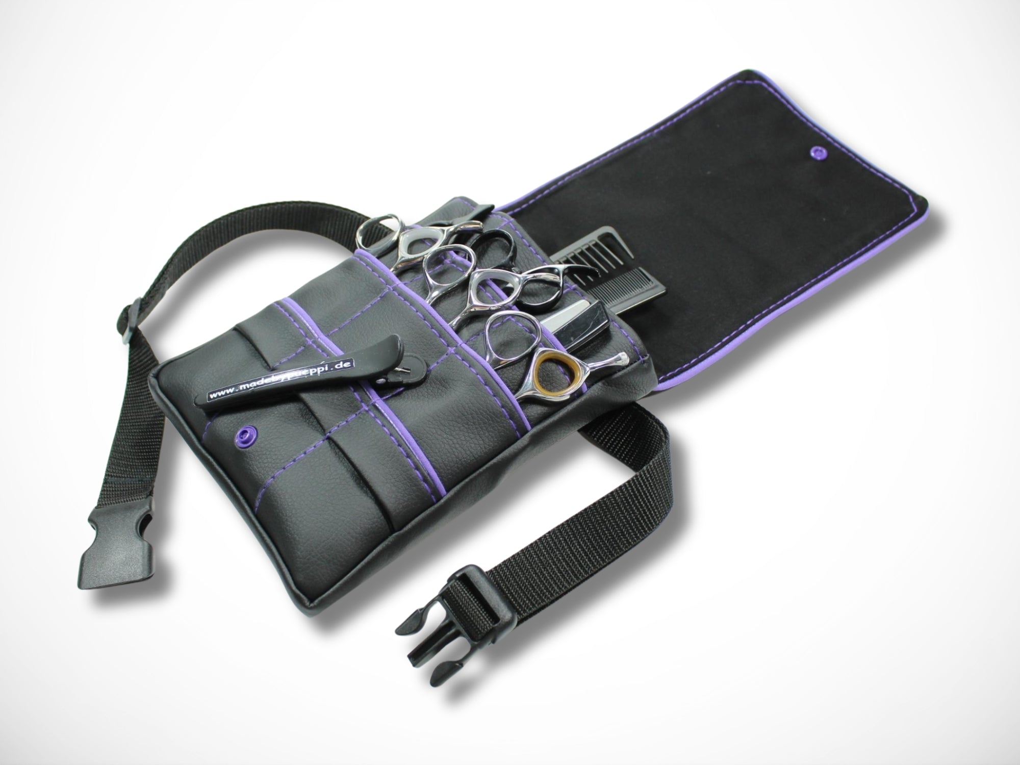 Friseur Scherentasche aus Kunstleder mit lila Highlight Werkzeugtasche für Friseurin Gürteltasche im Friseursalon