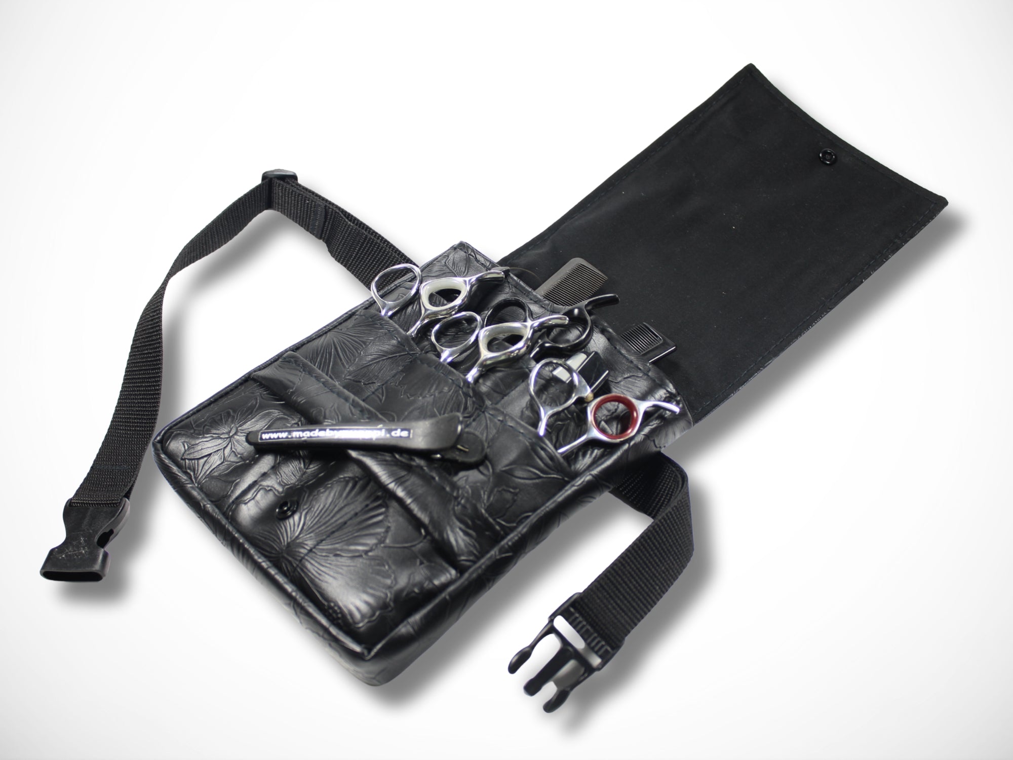 Friseur Werkzeugtasche Scherentasche für Friseurin im Friseursalon aus schwarzem Kunstleder mit geprägten Blumen