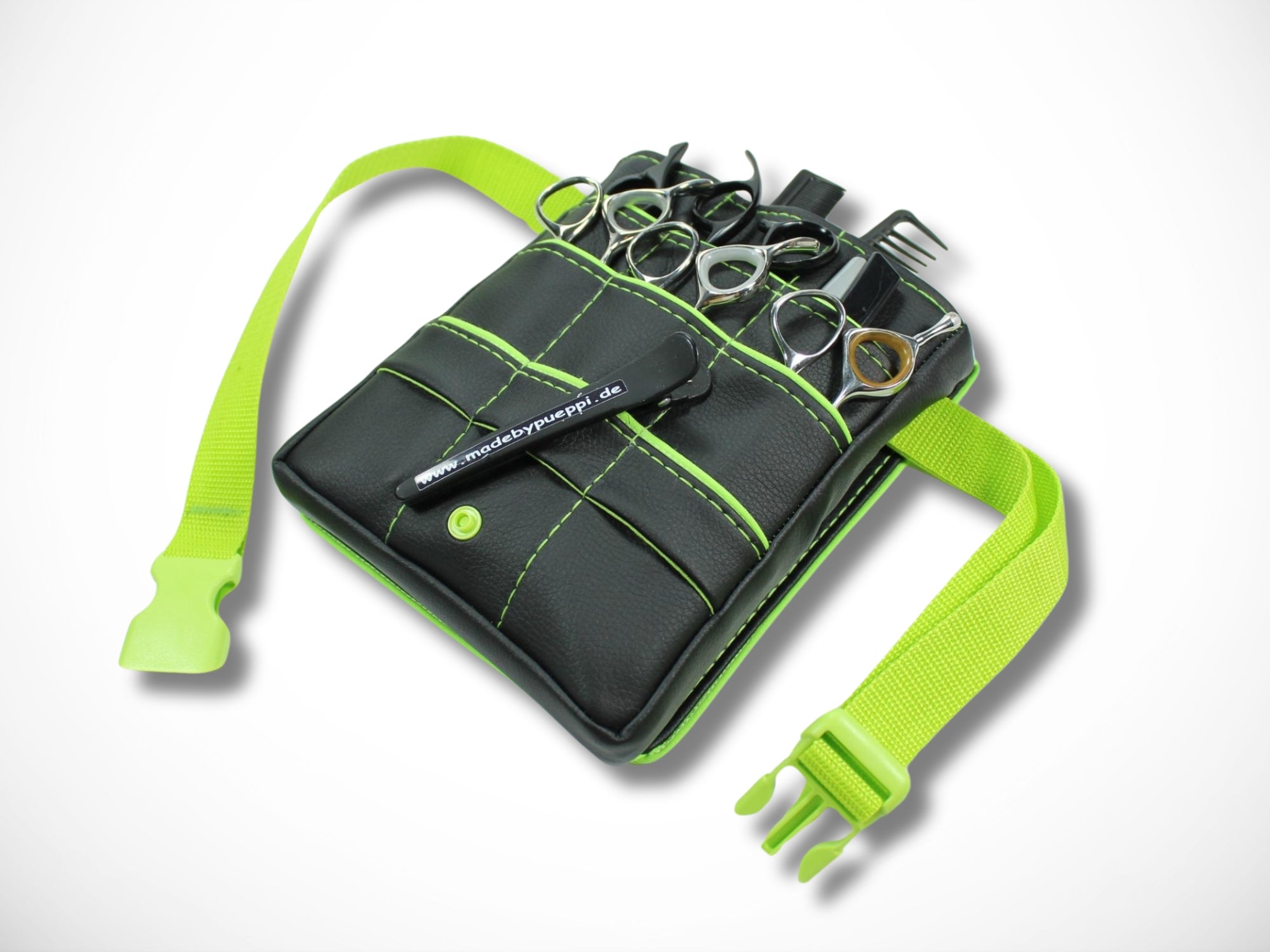 Friseur Scherentasche aus Kunstleder in schwarz mit grünem Highlight Gürteltasche für Friseurin für Friseurwerkzeug
