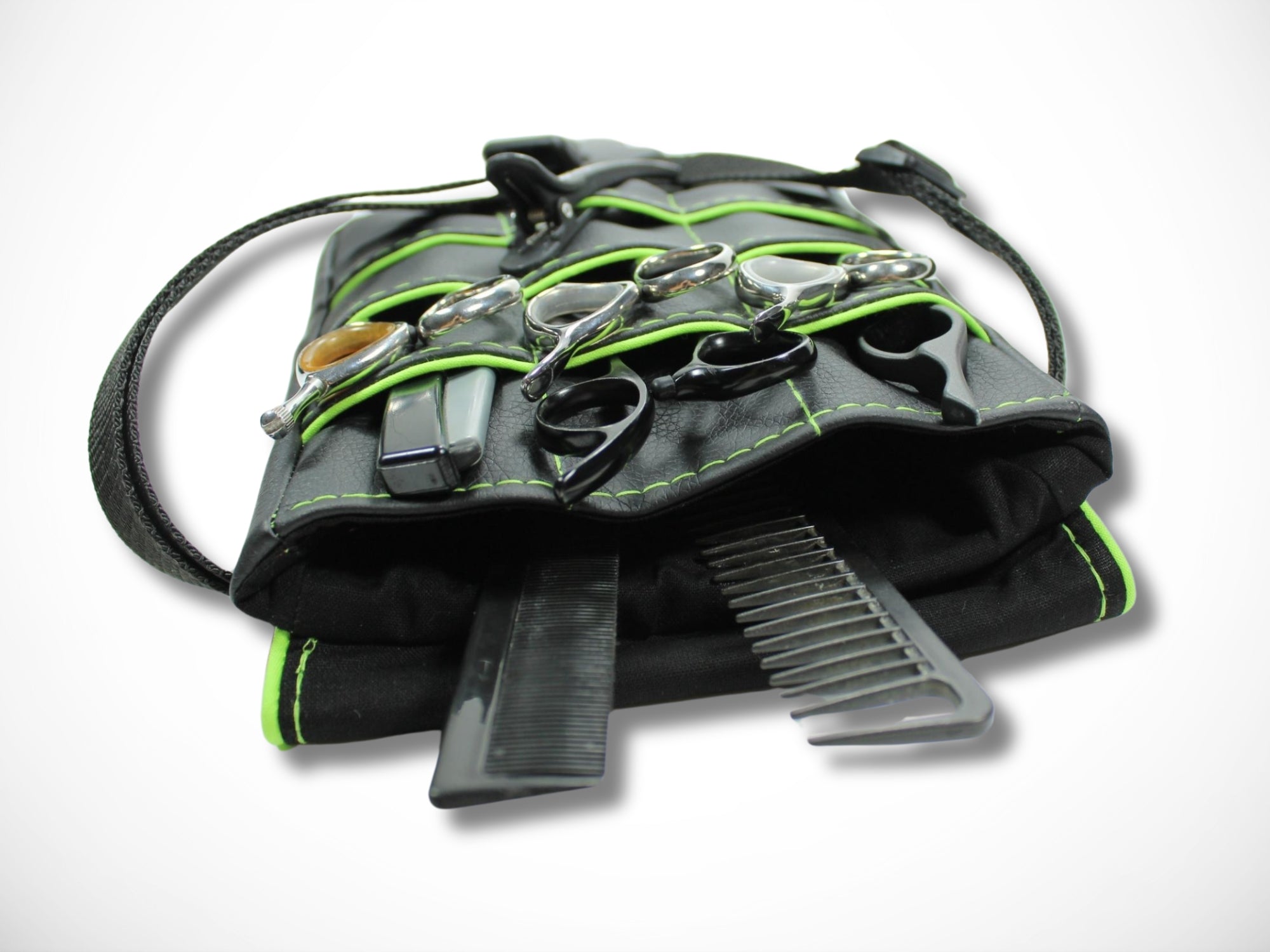 Friseur Scherentasche aus Kunstleder in schwarz mit grünem Highlight Gürteltasche für Friseurin für Friseurwerkzeug