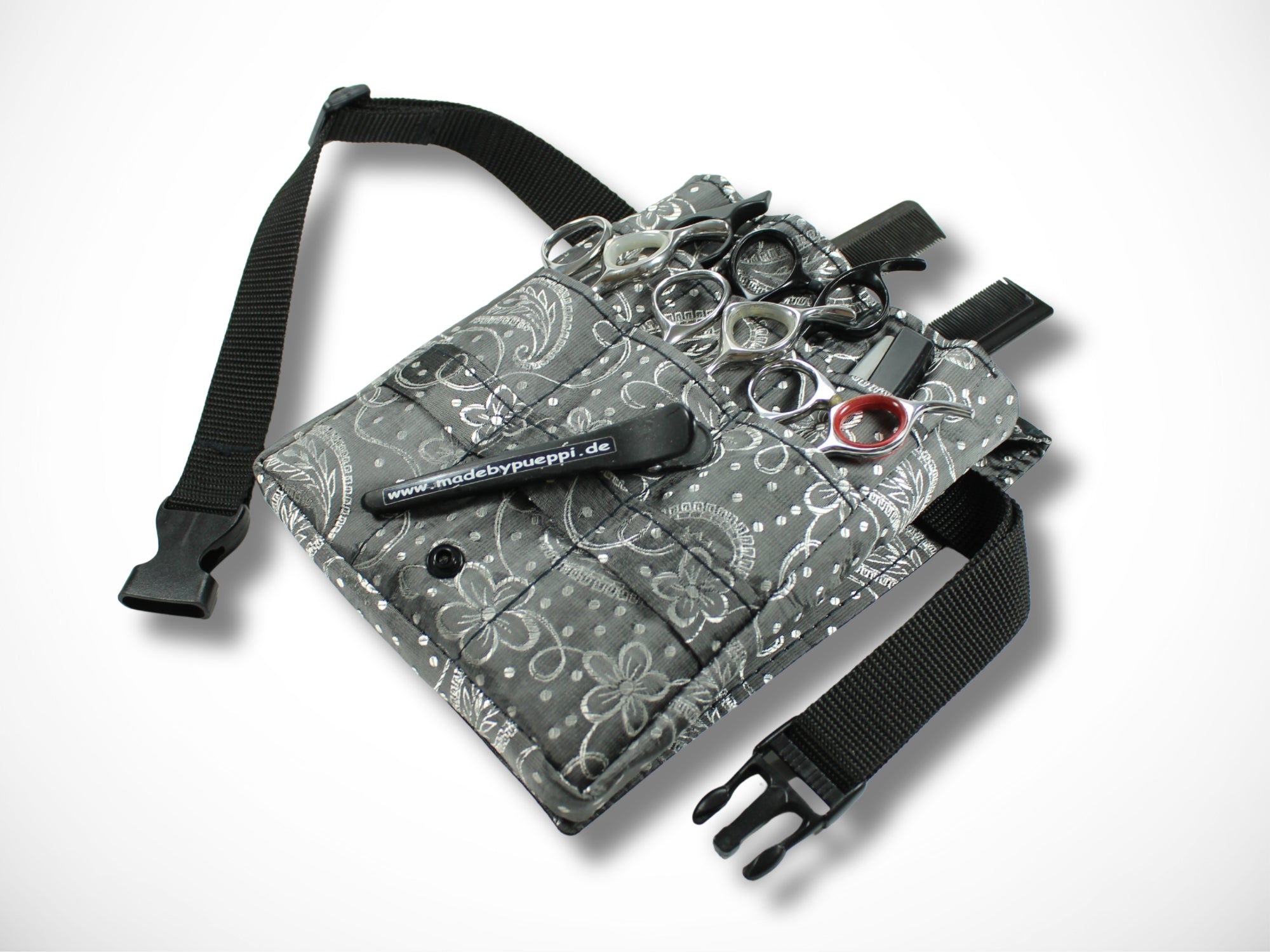 Friseurwerkzeugtasche mit Ornamenten und Blumen in grau Friseurscherentasche für Friseurscheren im Friseursalon