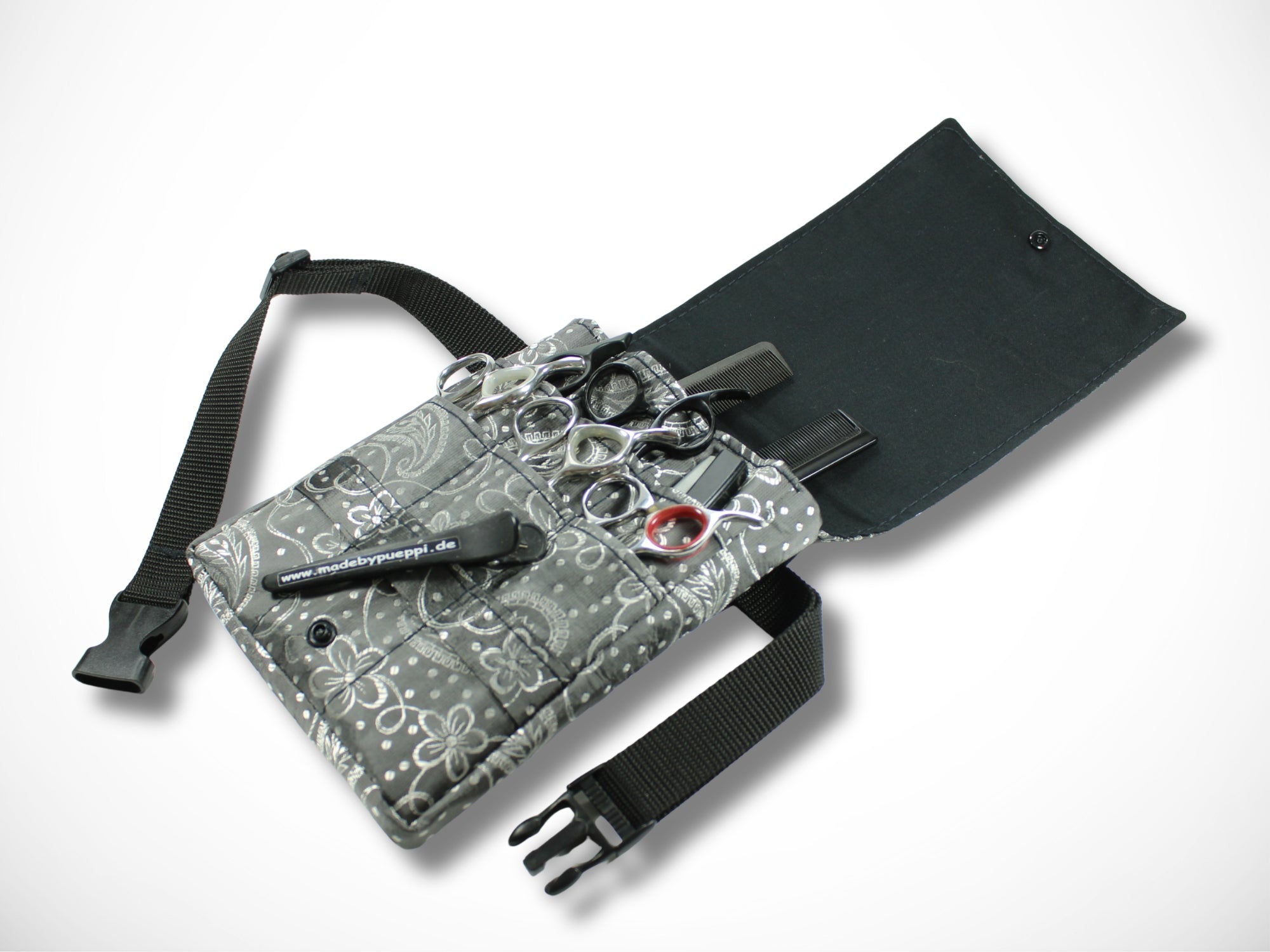 Friseurwerkzeugtasche mit Ornamenten und Blumen in grau Friseurscherentasche für Friseurscheren im Friseursalon