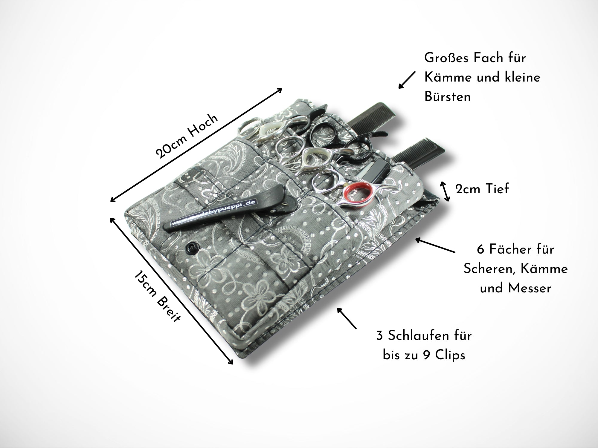 Friseurwerkzeugtasche mit Ornamenten und Blumen in grau Friseurscherentasche für Friseurscheren im Friseursalon