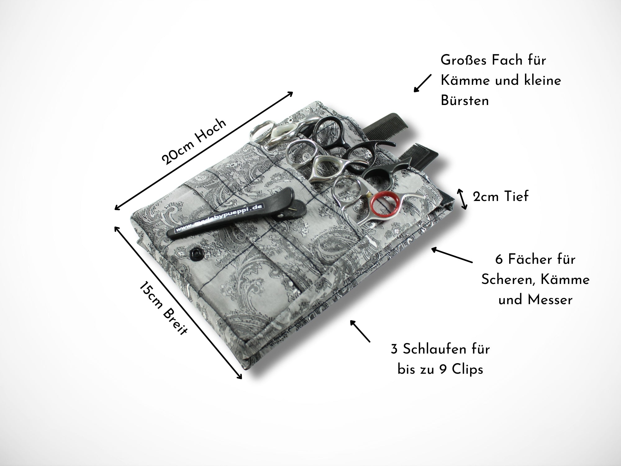 Friseurwerkzeugtasche mit Ornamenten in grau Friseurscherentasche für Friseurscheren im Friseursalon