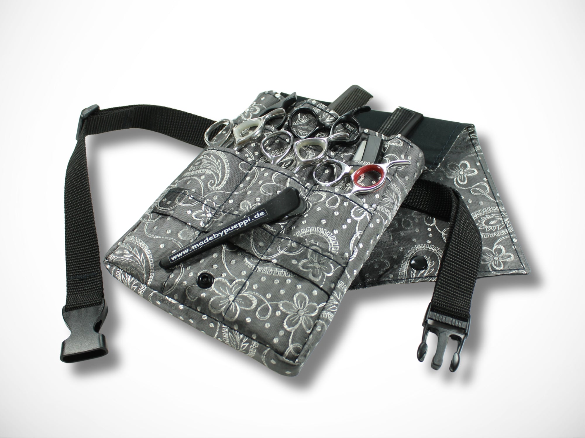 Friseurwerkzeugtasche mit Ornamenten und Blumen in grau Friseurscherentasche für Friseurscheren im Friseursalon