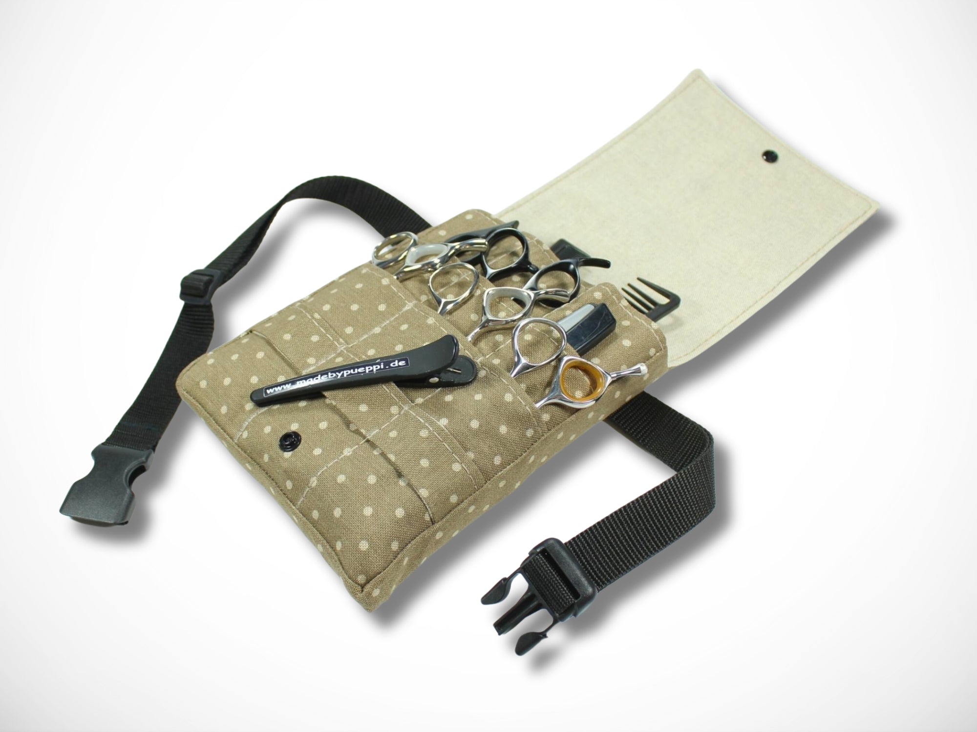 Friseur Scherentasche aus Baumwolle mit  Punkte in braun Scherentasche für Friseurwerkzeug Werkzeugtasche für Friseurin