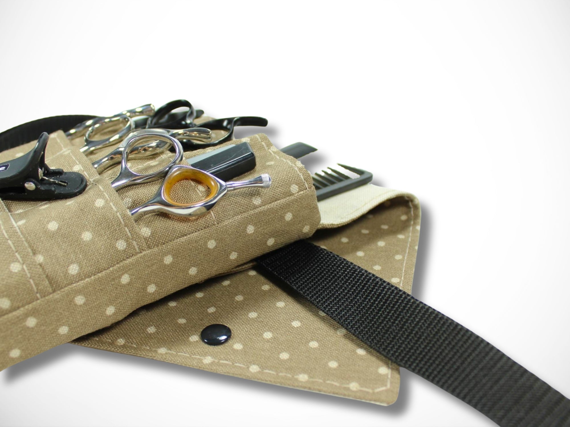 Friseur Scherentasche aus Baumwolle mit  Punkte in braun Scherentasche für Friseurwerkzeug Werkzeugtasche für Friseurin