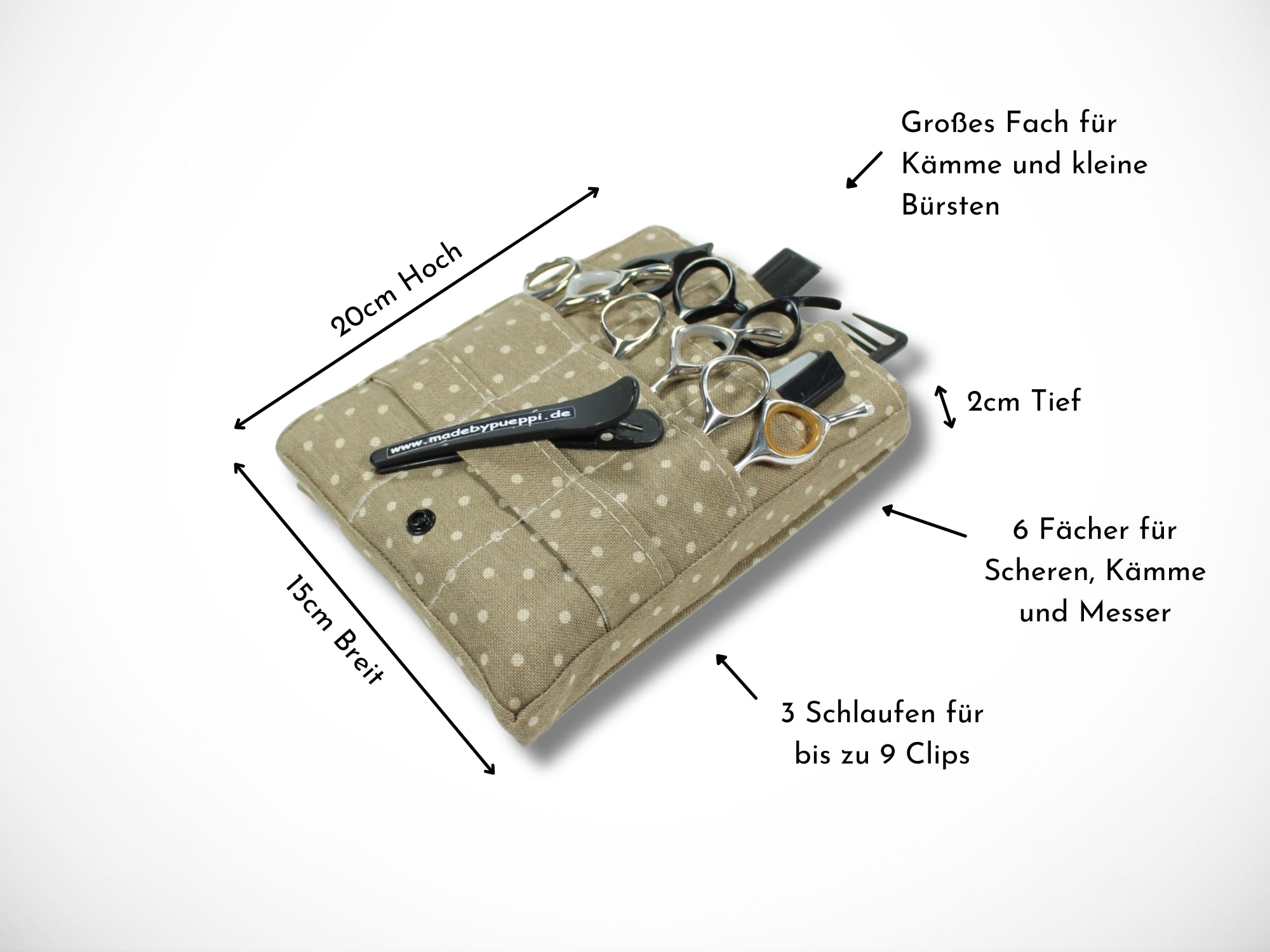 Friseur Scherentasche aus Baumwolle mit  Punkte in braun Scherentasche für Friseurwerkzeug Werkzeugtasche für Friseurin