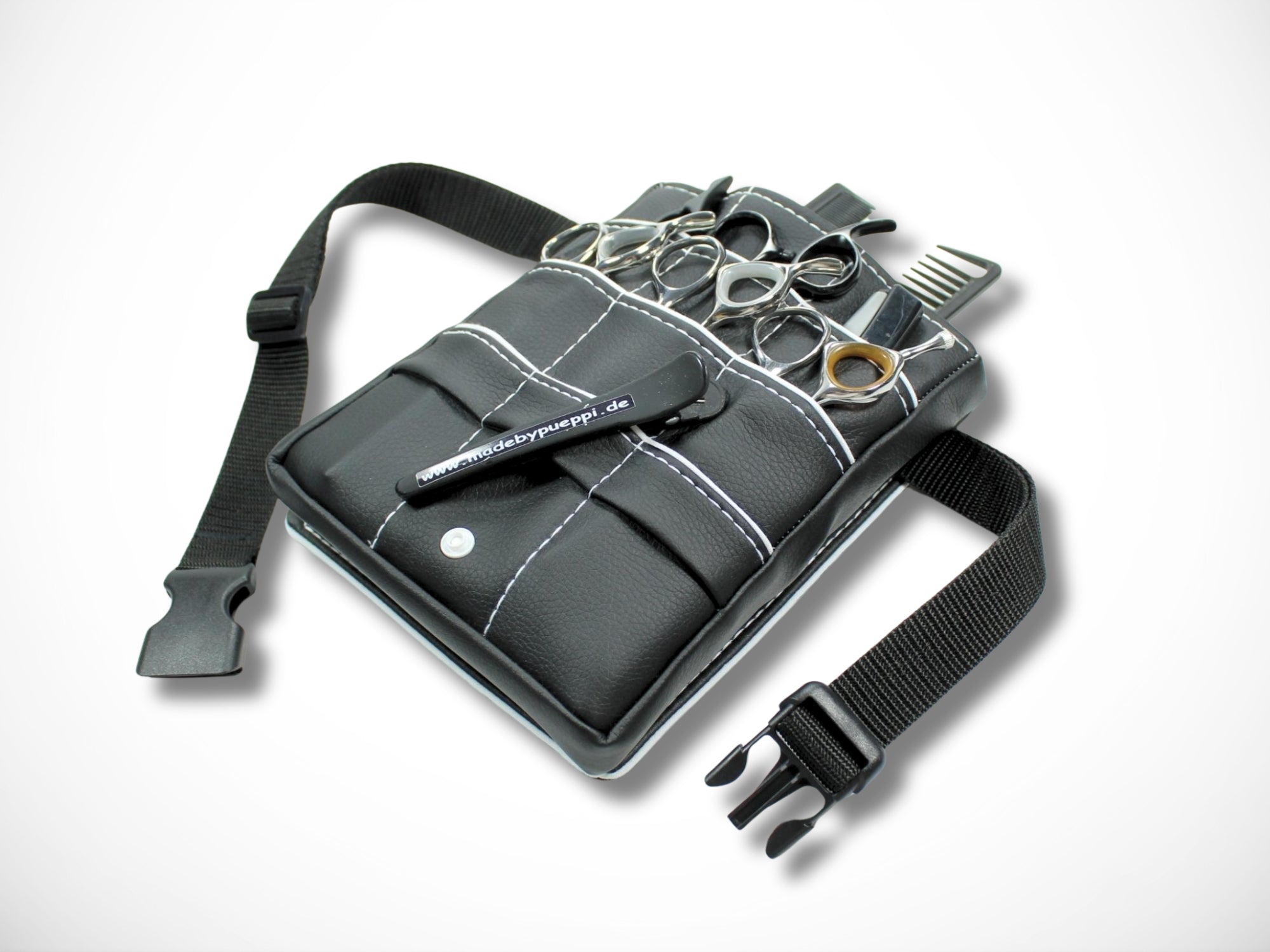 Friseur Scherentasche aus schwarzem Kunstleder mit weißem Highlight Gürteltasche für Friseurscheren