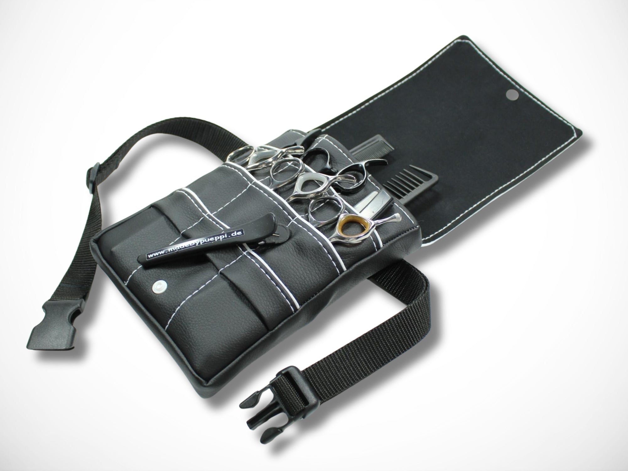 Friseur Scherentasche aus schwarzem Kunstleder mit weißem Highlight Gürteltasche für Friseurscheren