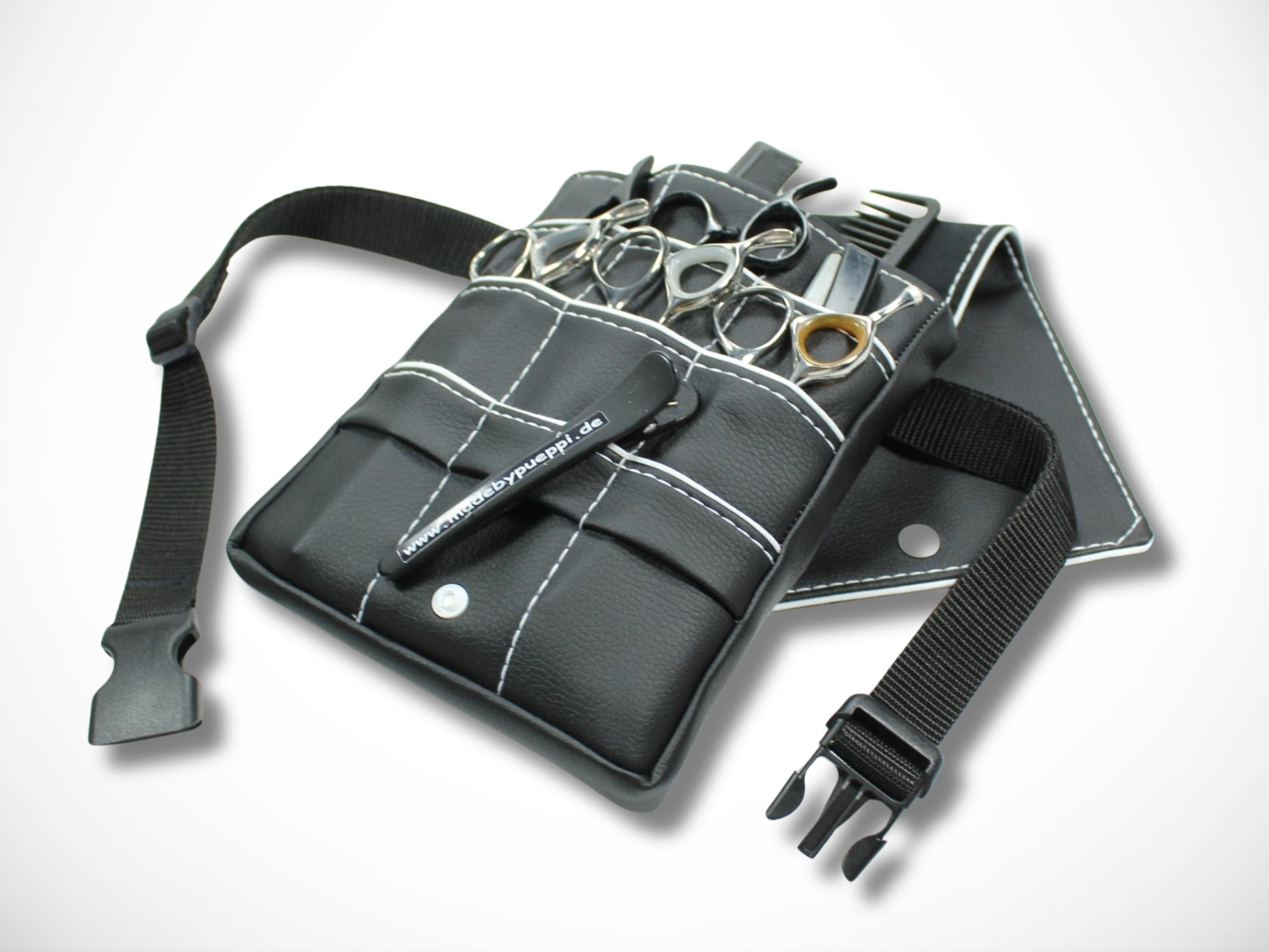 Friseur Scherentasche aus schwarzem Kunstleder mit weißem Highlight Gürteltasche für Friseurscheren