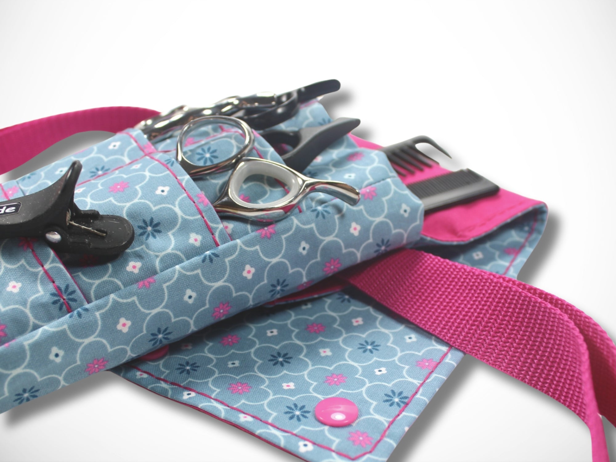 Friseur Scherentasche Blumen blau und pink Gürteltasche für Friseurin im Friseursalon für Friseurwerkzeug