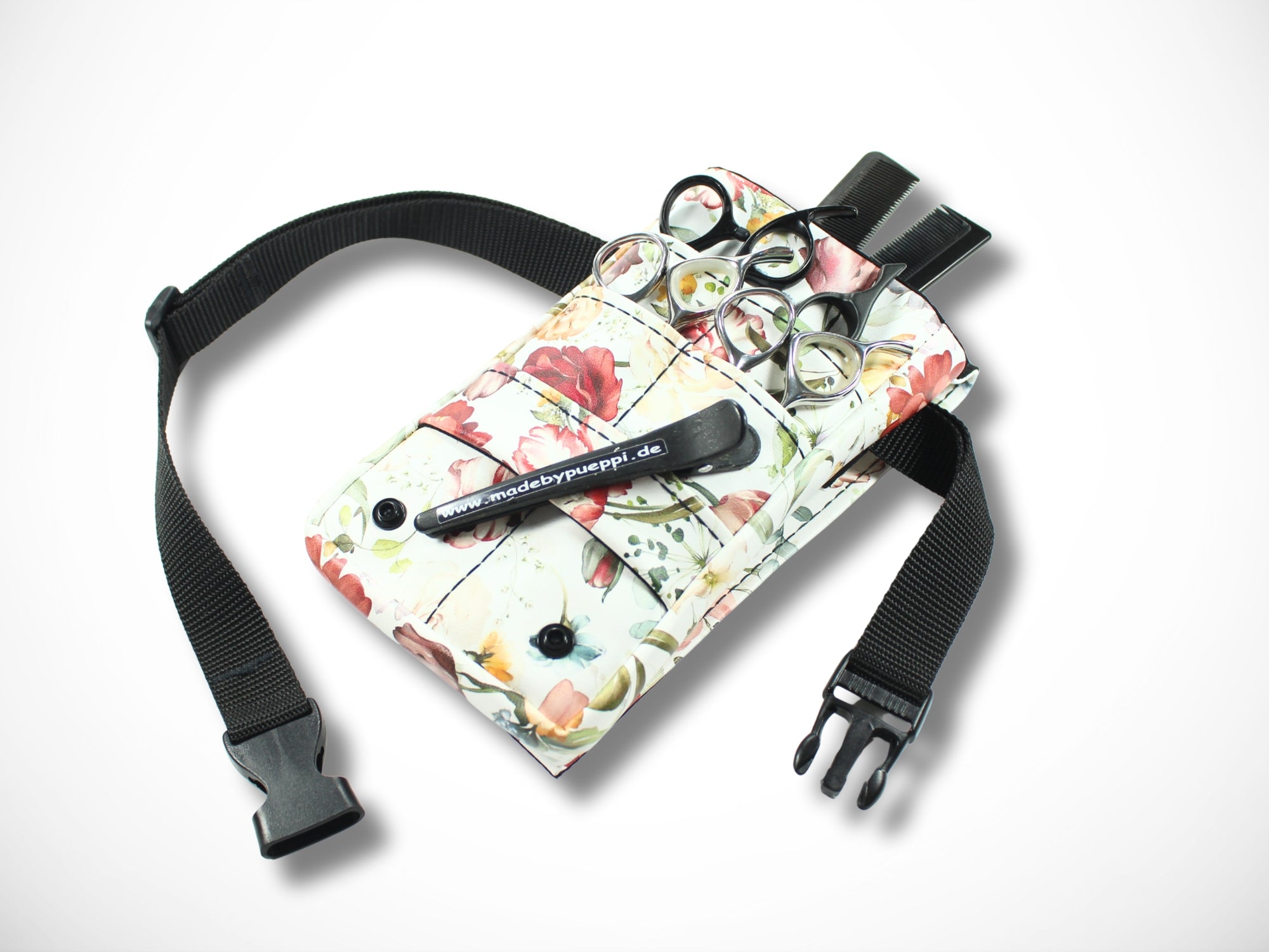 Kleine Friseurtasche aus Kunstleder mit Blumen für Friseurscheren im Friseursalon Werkzeugtasche