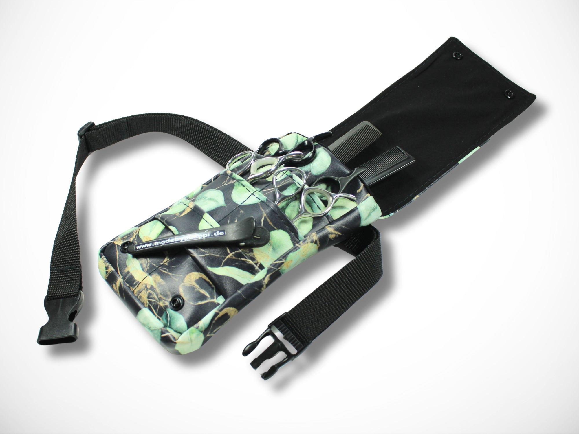 Kleine Friseurtasche aus Kunstleder mit Eukalyptus Druck für Friseurin im Friseursalon