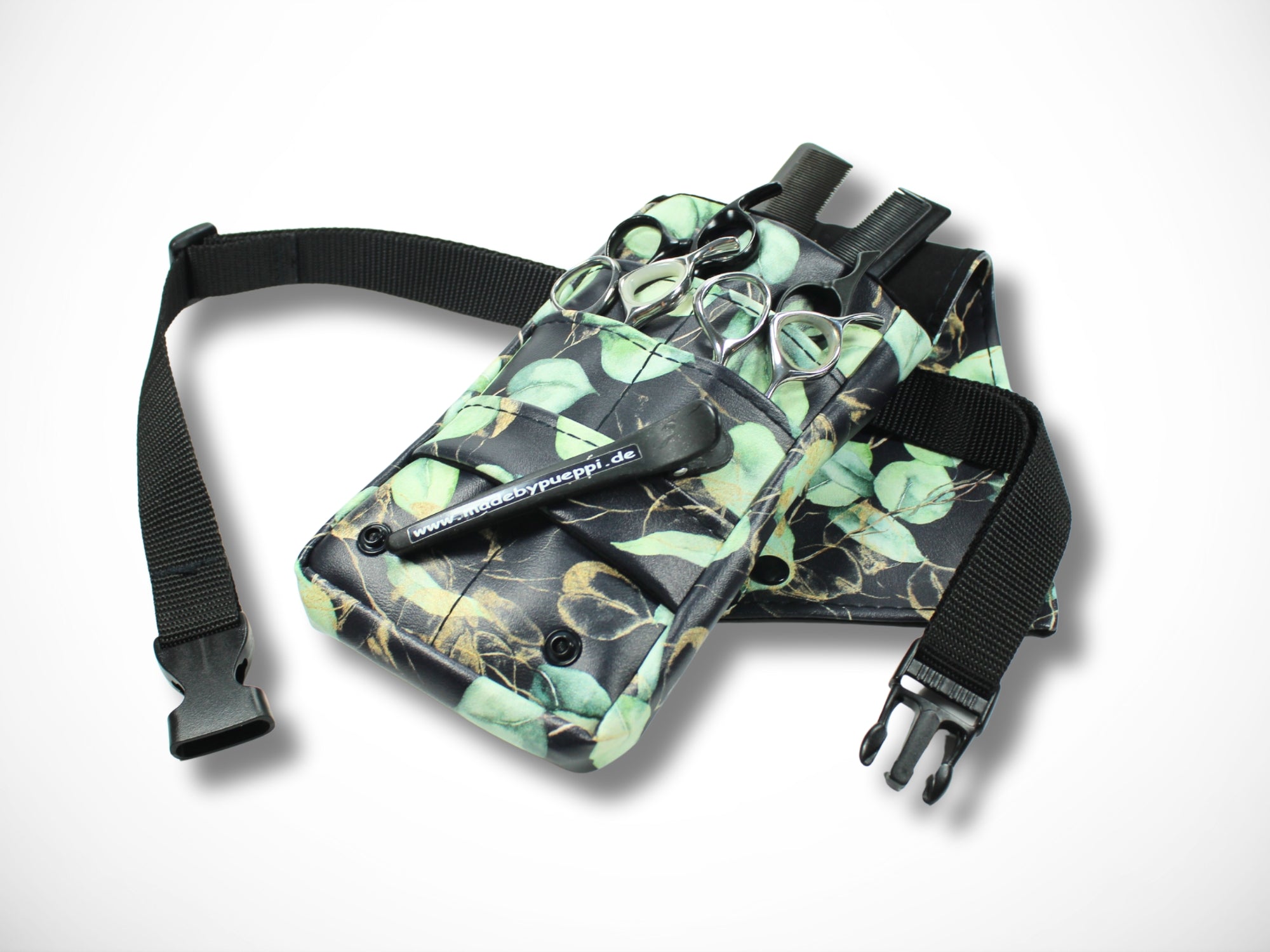 Kleine Friseurtasche aus Kunstleder mit Eukalyptus Druck für Friseurin im Friseursalon