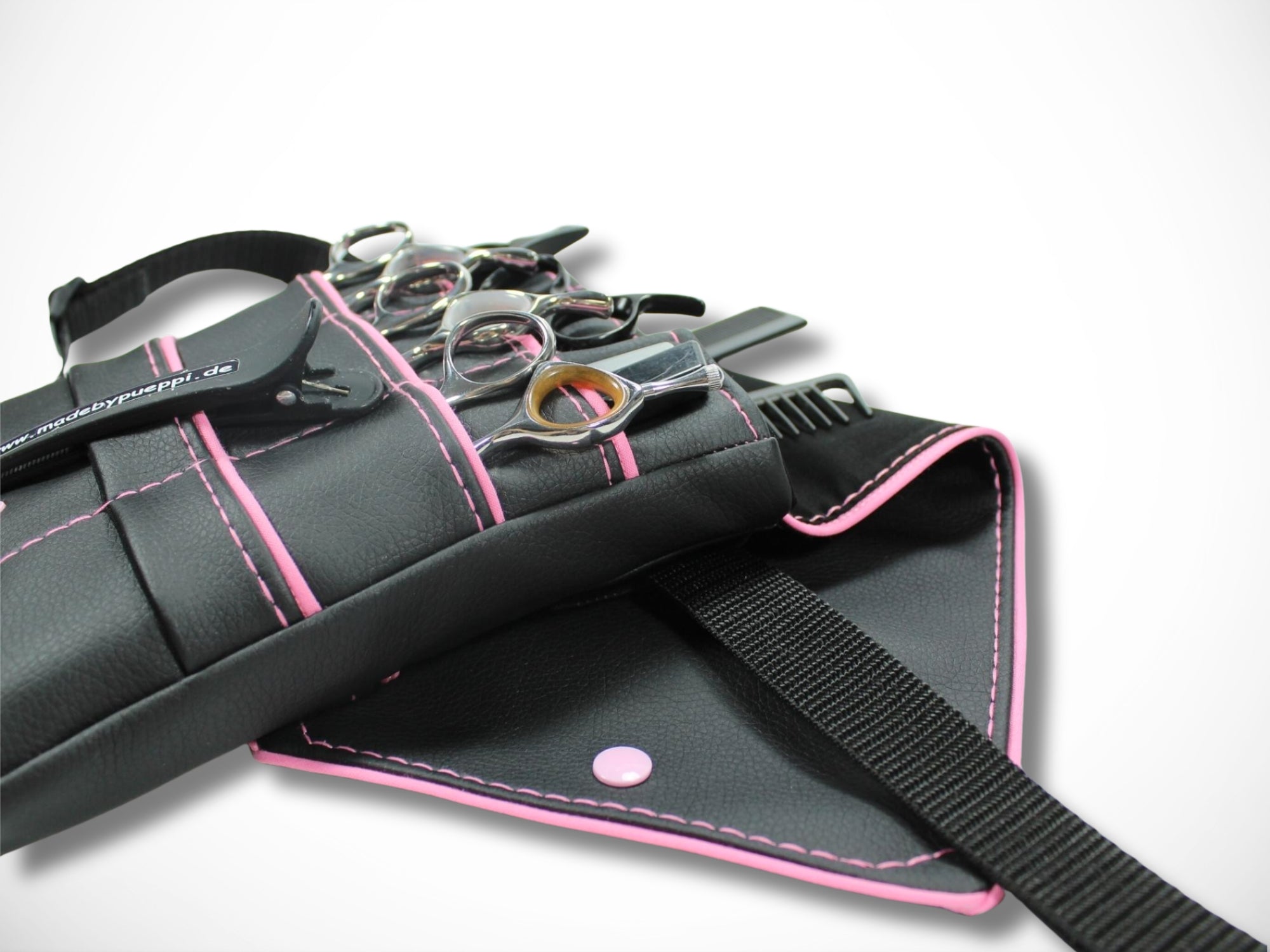 Friseur Scherentasche Kunstleder schwarz rosa Highlight Gürteltasche für Friseurwerkzeug im Friseursalon