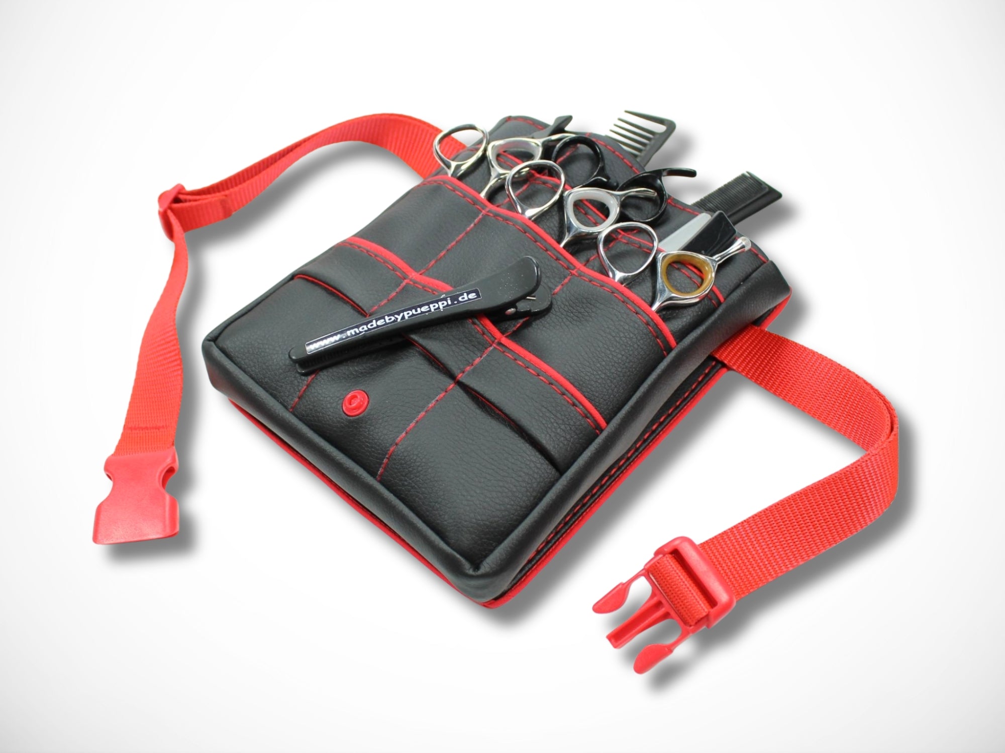 Friseurtasche aus schwarzem Kunstleder mit rotem Highlight für Friseurscheren und Friseurgürteltasche