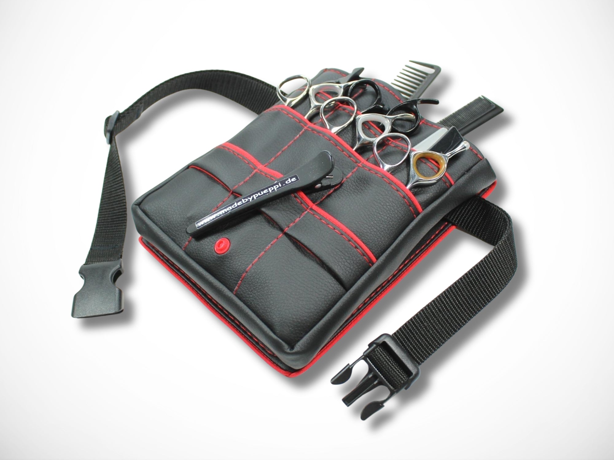 Friseurtasche aus schwarzem Kunstleder mit rotem Highlight für Friseurscheren und Friseurgürteltasche