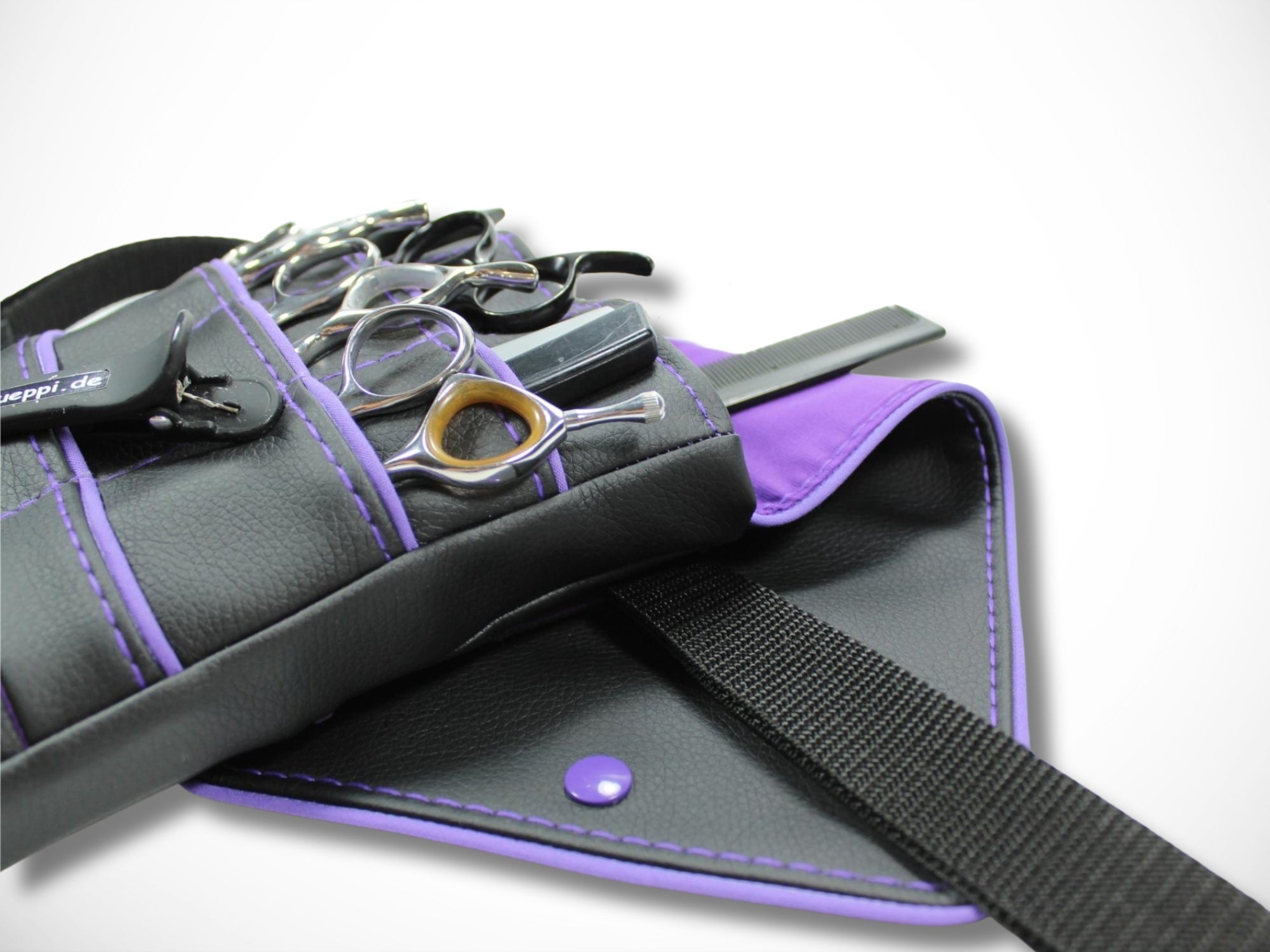 Friseur Scherentasche aus Kunstleder mit lila Highlight Werkzeugtasche für Friseurin Gürteltasche im Friseursalon