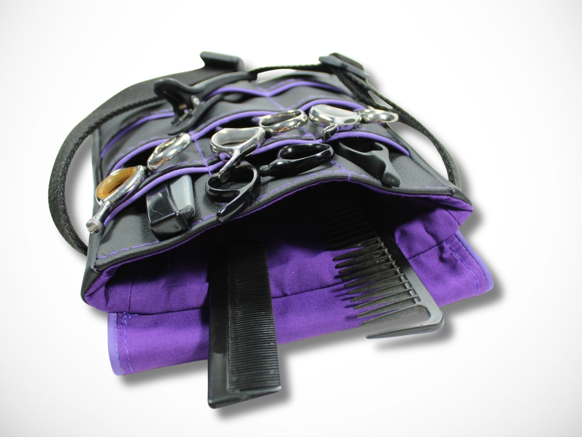 Friseur Scherentasche aus Kunstleder mit lila Highlight Werkzeugtasche für Friseurin Gürteltasche im Friseursalon