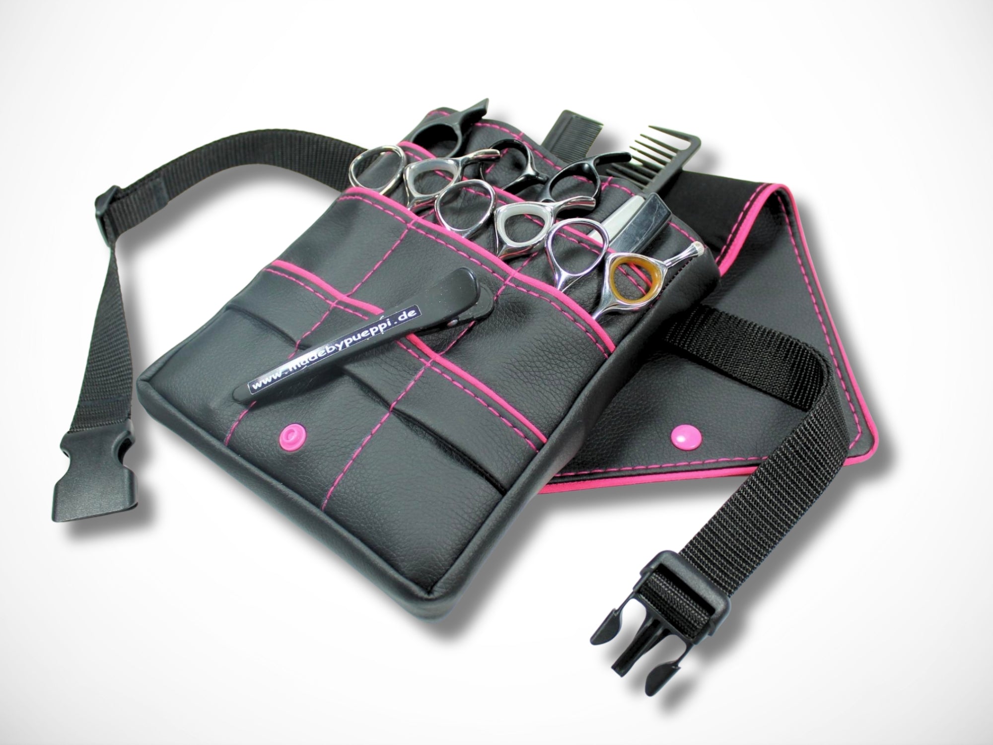 Friseur Scherentasche aus Kunstleder in schwarz mit Highlight in pink für Friseurscheren im Friseursalon