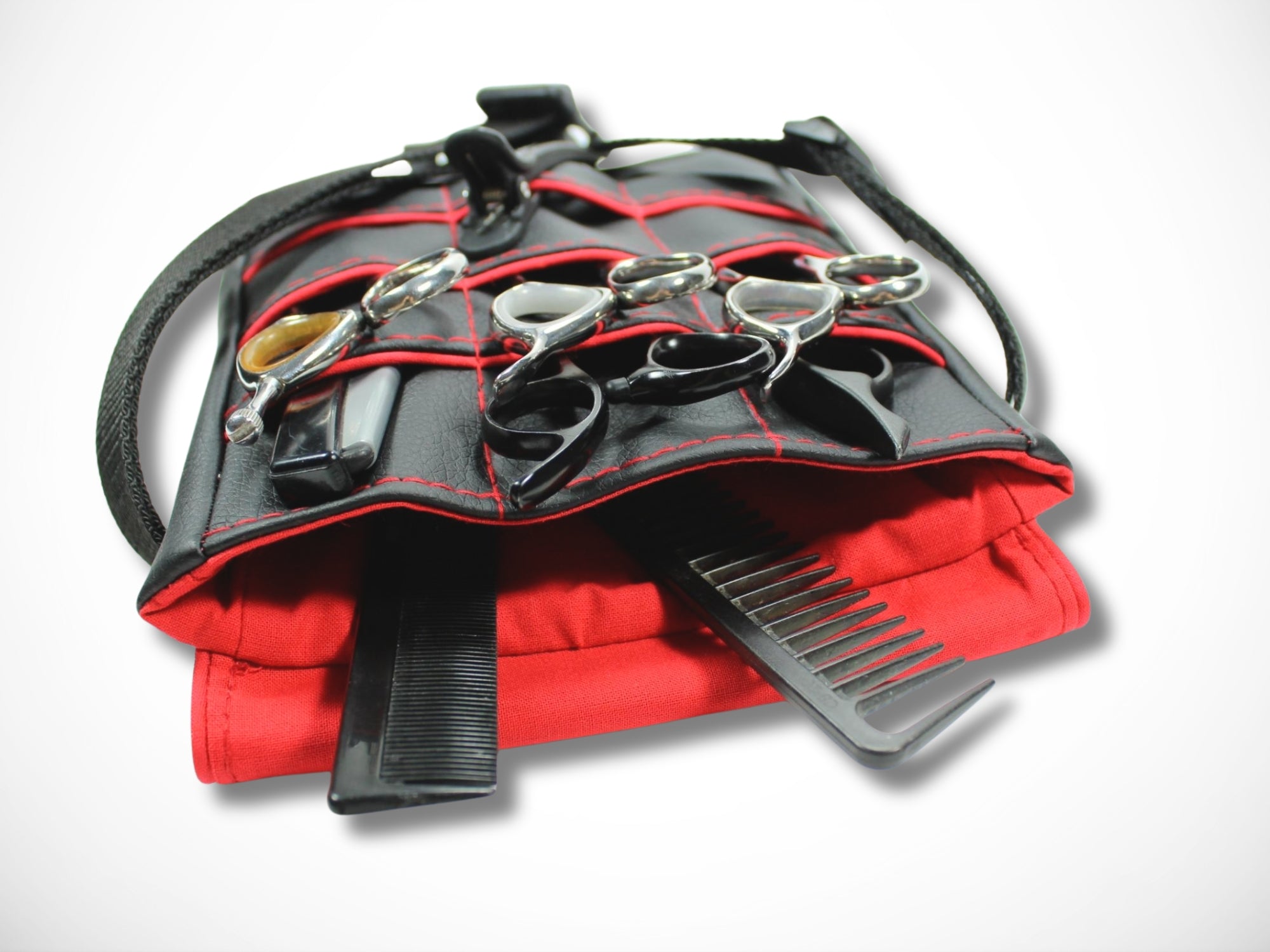 Schwarze Kunstleder Friseurtasche mit rotem Highlight für Friseur Scherentasche Gürteltasche im Friseursalon