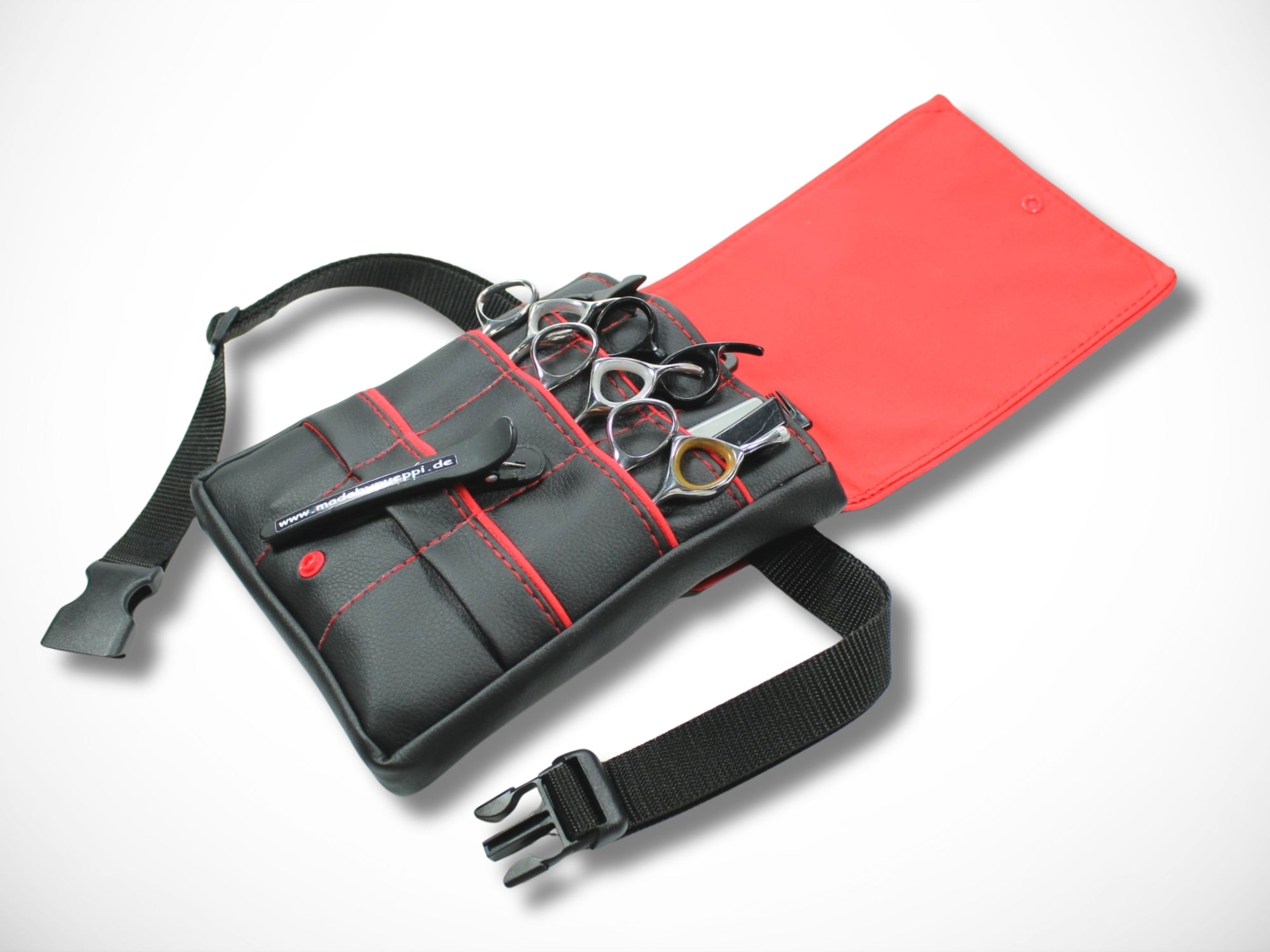 Schwarze Kunstleder Friseurtasche mit rotem Highlight für Friseur Scherentasche Gürteltasche im Friseursalon