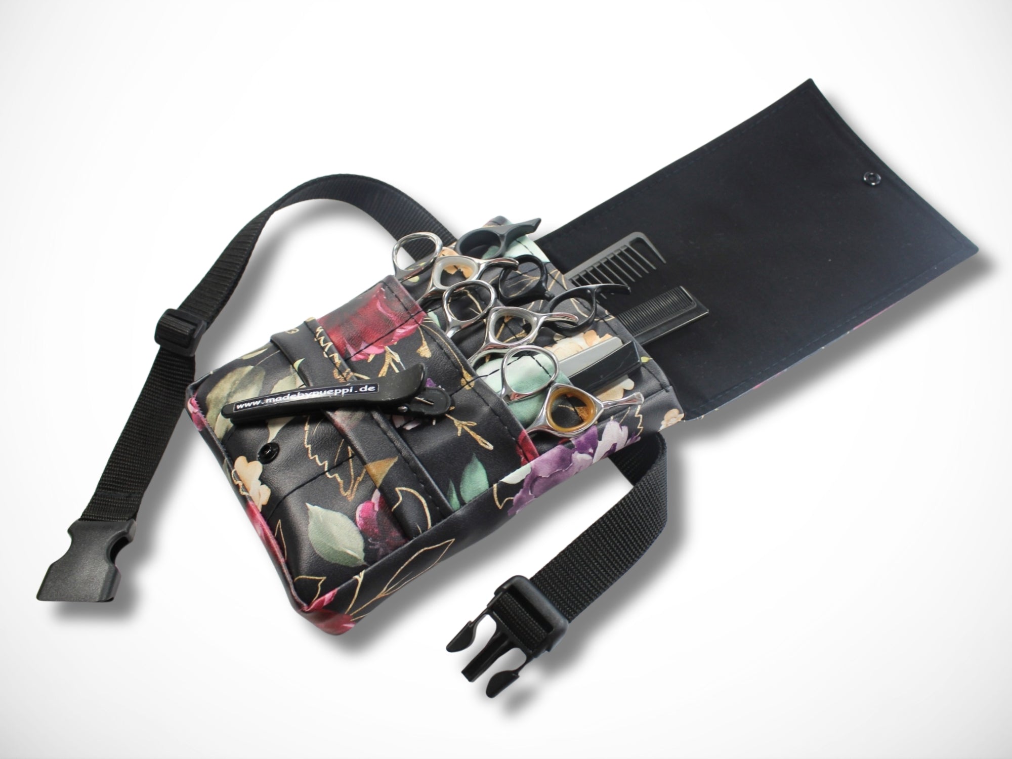 Friseur Werkzeugtasche Scherentasche aus Kunstleder mit Blumen in Bordeaux und Gold