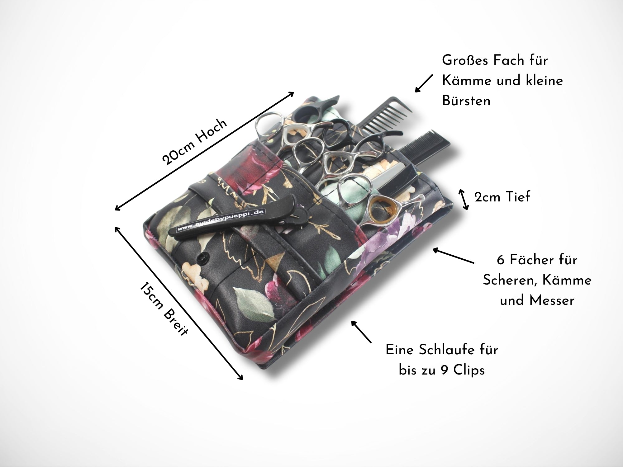 Friseur Werkzeugtasche Scherentasche aus Kunstleder mit Blumen in Bordeaux und Gold