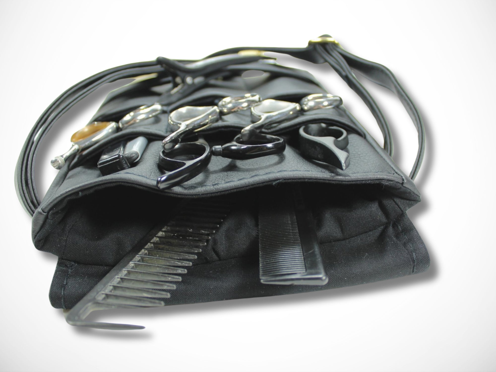 Elegante Kunstleder Friseurtasche in schwarz Scherentasche für Friseur Werkzeugtasche mit Metall Steckschnalle