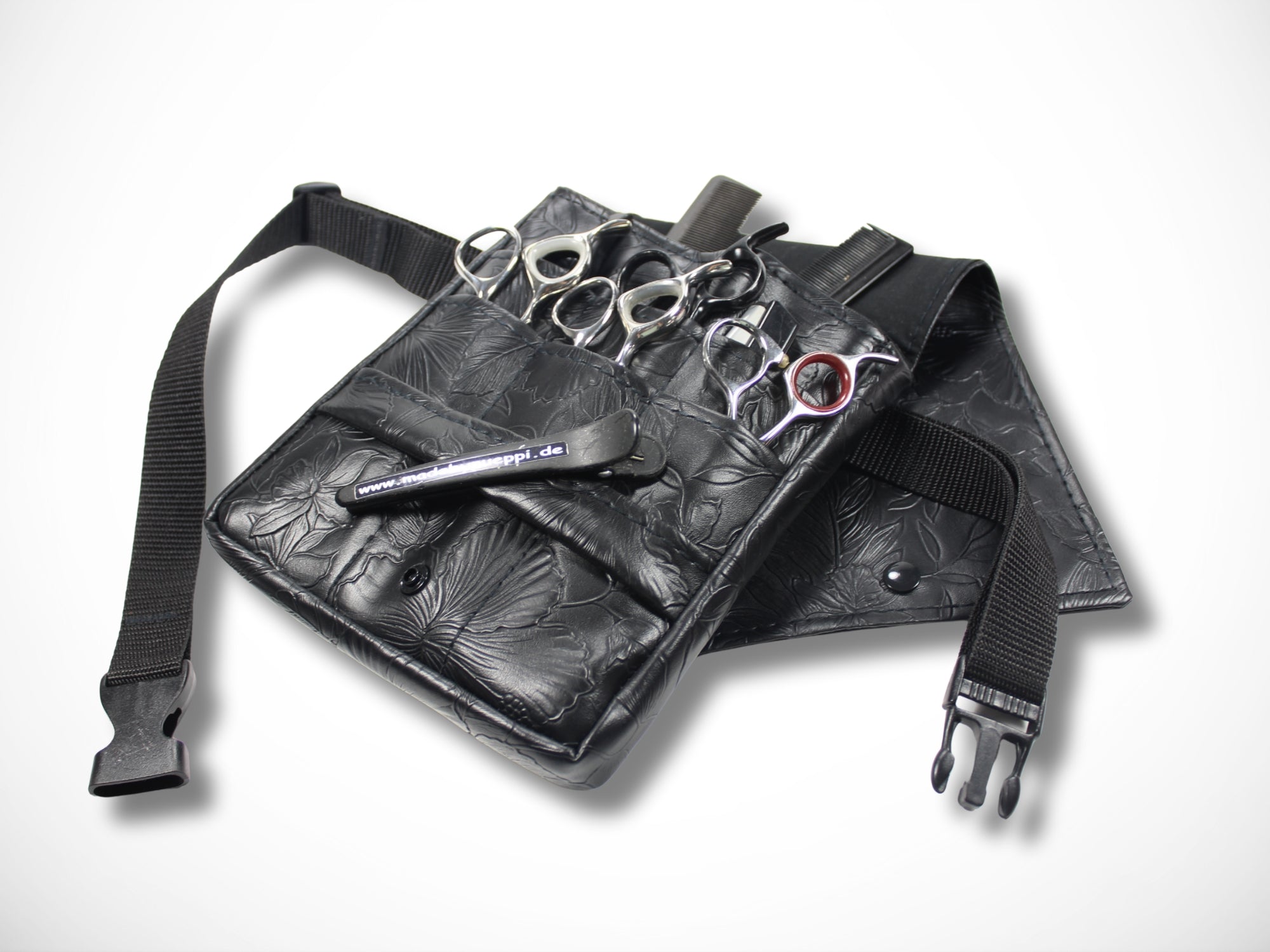 Friseur Werkzeugtasche Scherentasche für Friseurin im Friseursalon aus schwarzem Kunstleder mit geprägten Blumen