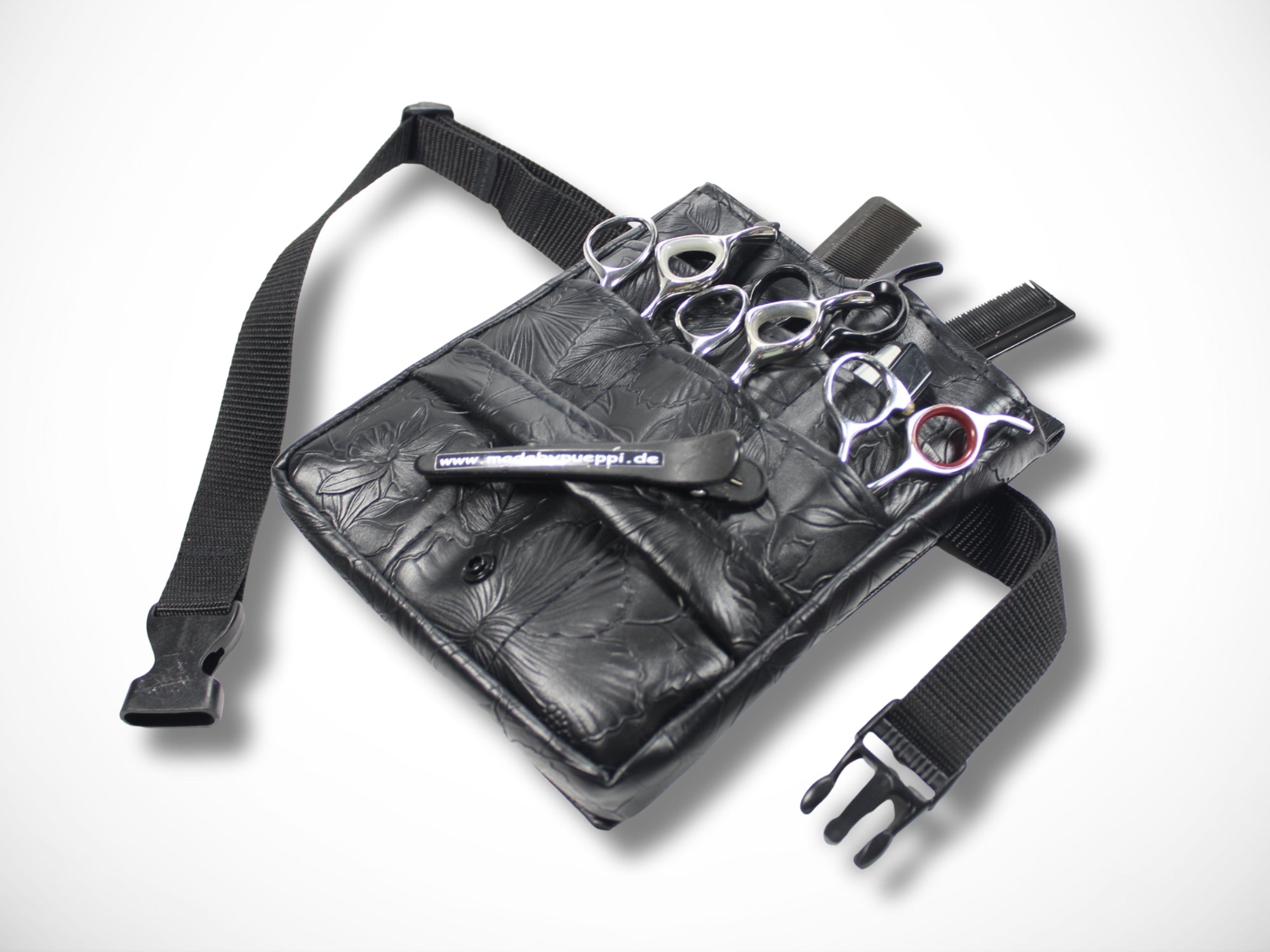 Friseur Werkzeugtasche Scherentasche für Friseurin im Friseursalon aus schwarzem Kunstleder mit geprägten Blumen