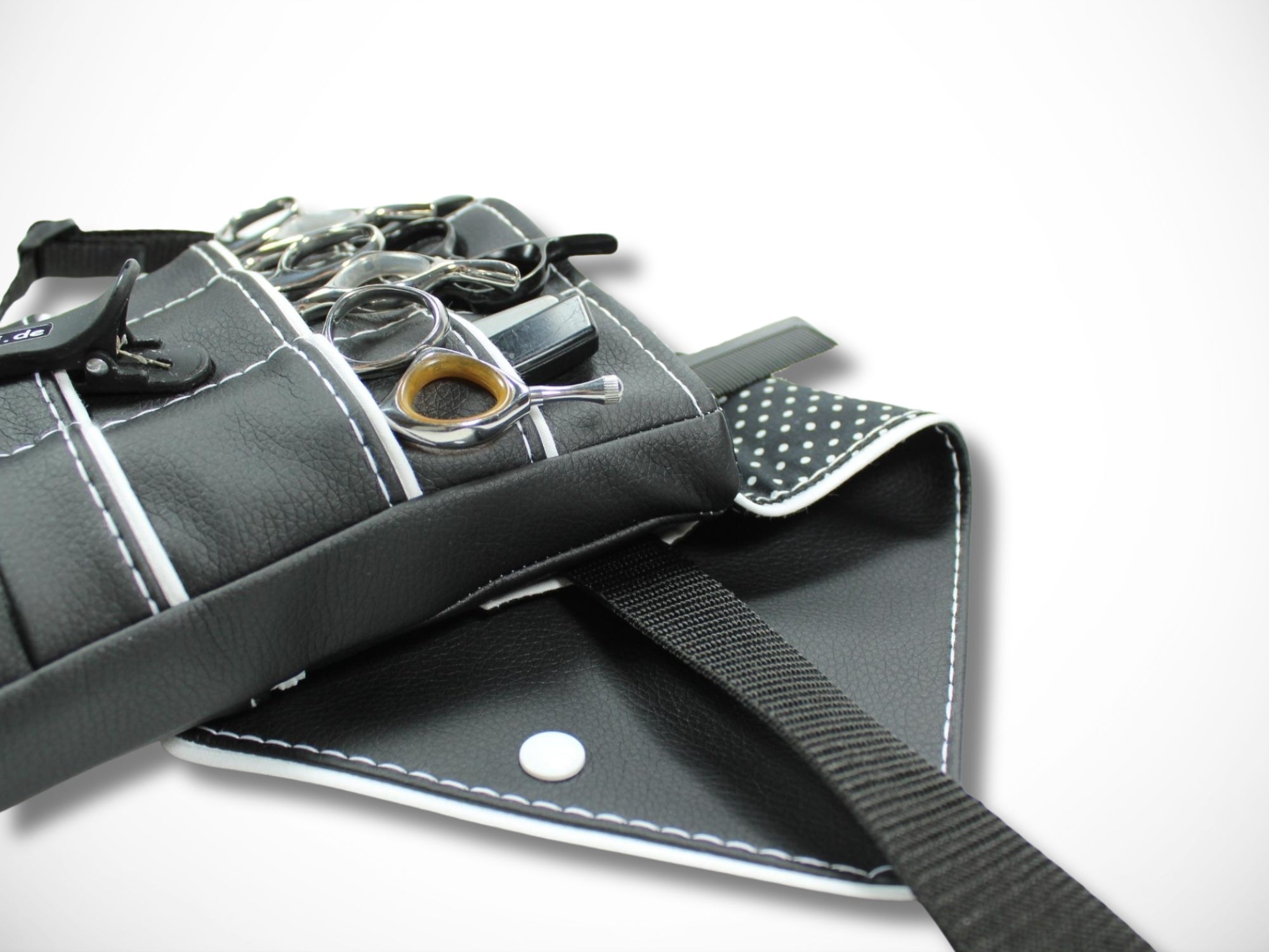 Friseur Scherentasche aus schwarzem Kunstleder mit weißem Highlight Gürteltasche für Friseurscheren