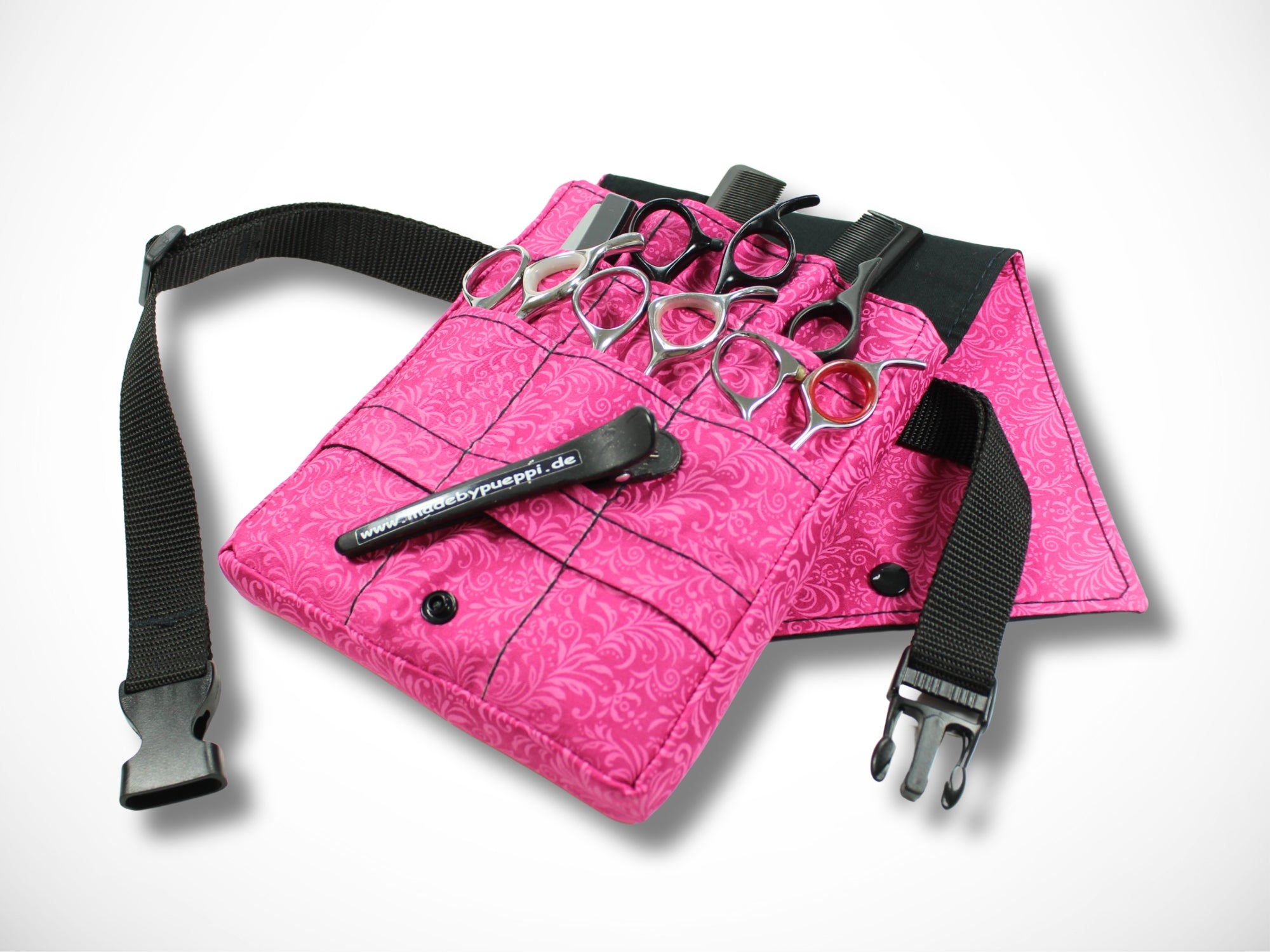 Pinke Friseurwerkzeugtasche aus Baumwolle mit Tribale Motiven für Friseurscheren im Friseursalon