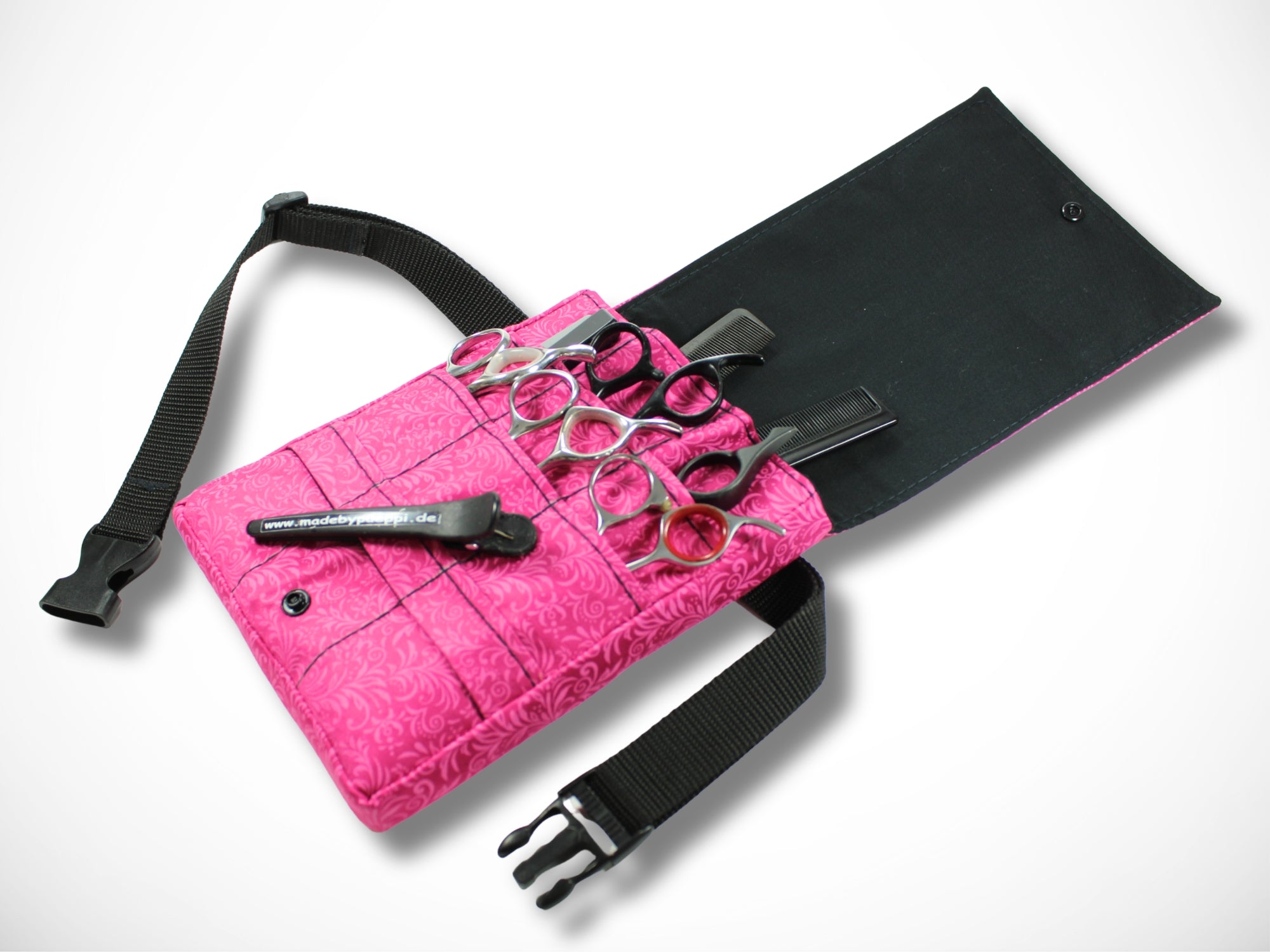 Pinke Friseurwerkzeugtasche aus Baumwolle mit Tribale Motiven für Friseurscheren im Friseursalon